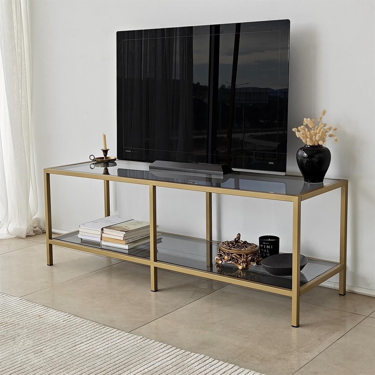 Comoda tv, Hanah Home, sticla securizata, metal, gri inchis, auriu, 130x45x40 cm — imaginea 3