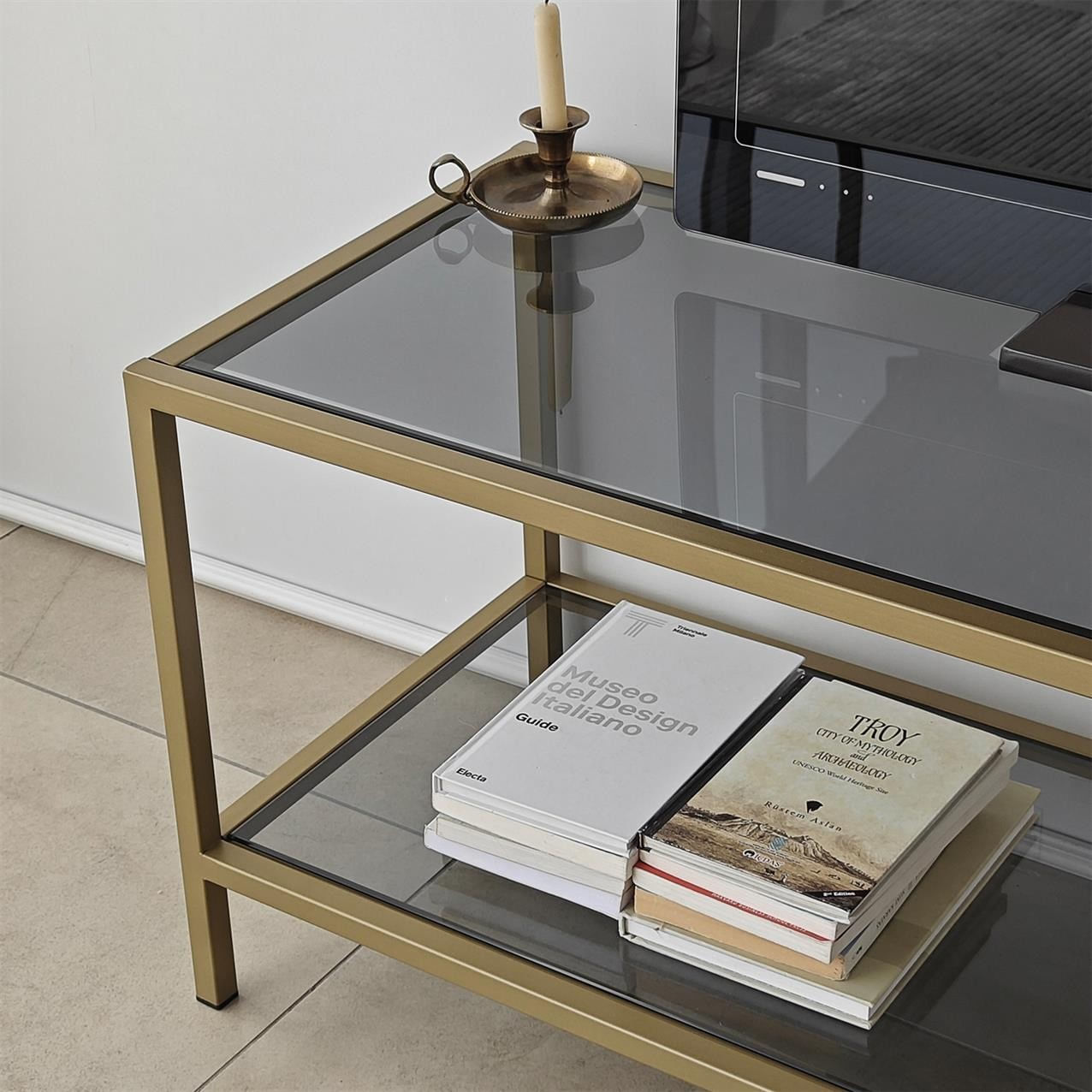 Comoda tv, Hanah Home, sticla securizata, metal, gri inchis, auriu, 130x45x40 cm — imaginea 4