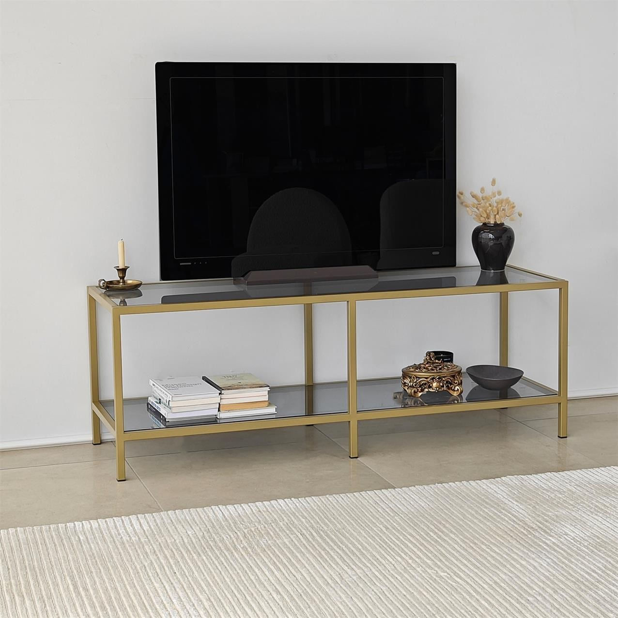 Comoda tv, Hanah Home, sticla securizata, metal, gri inchis, auriu, 130x45x40 cm — imaginea 5