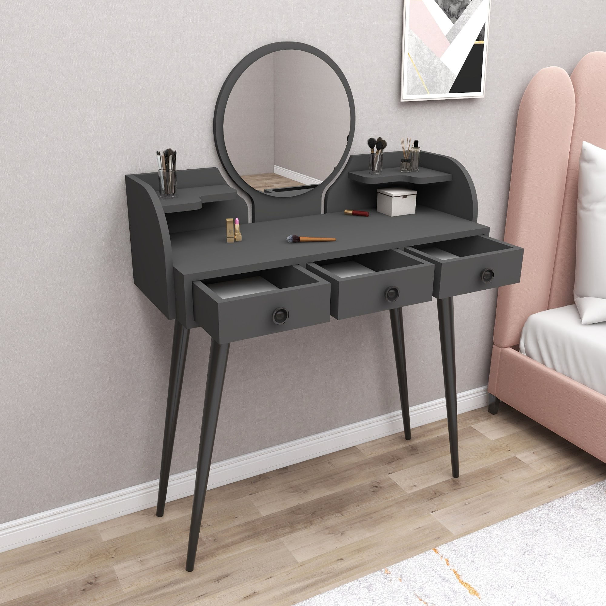 Masa de machiaj, Hanah Home, panou de particule melaminat, antracit, 93.6x37x133.6 cm — imaginea 3