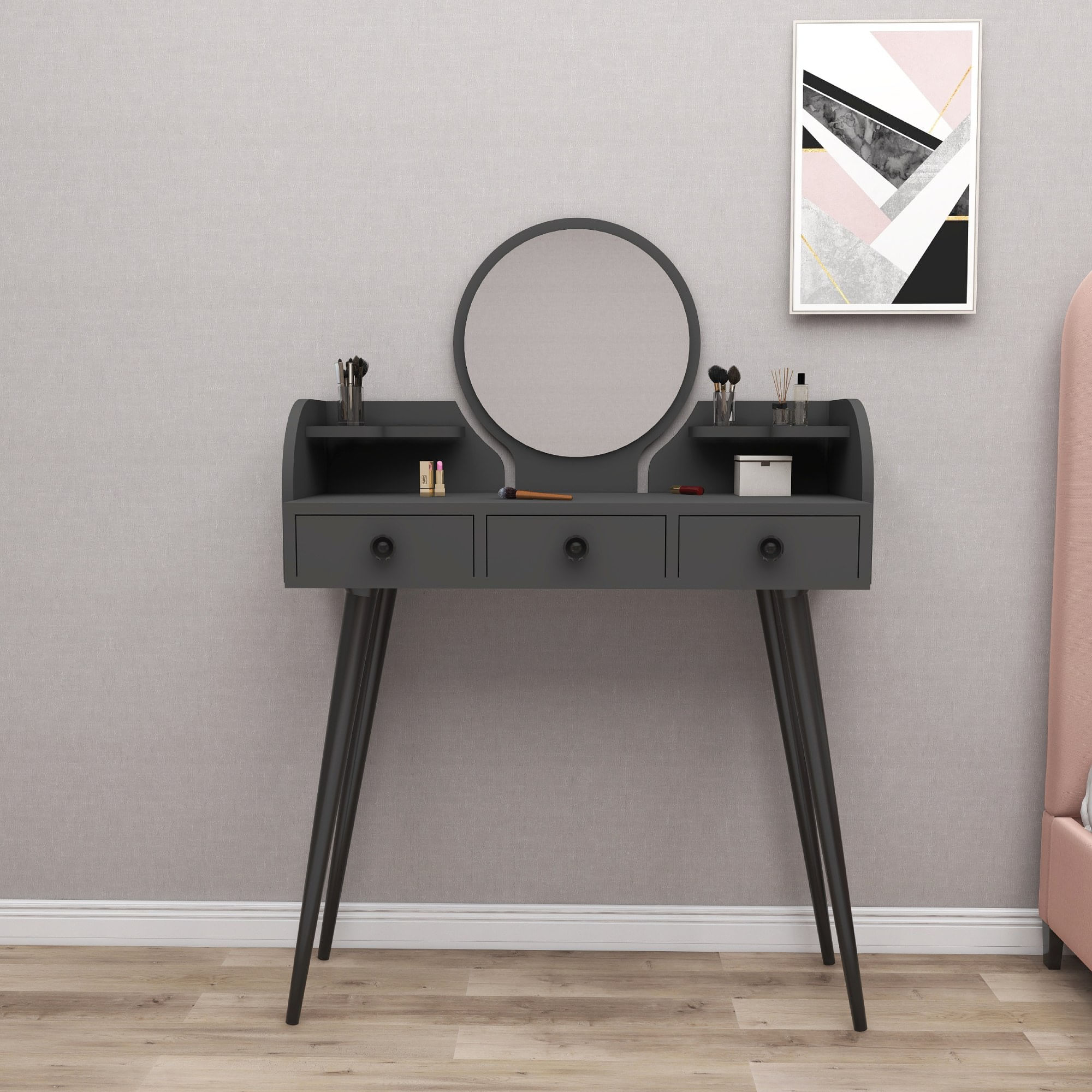Masa de machiaj, Hanah Home, panou de particule melaminat, antracit, 93.6x37x133.6 cm — imaginea 4
