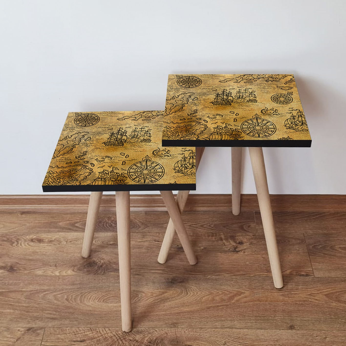 Set masute de cafea, Hanah Home, mdf, camel si negru, 35x35x47 cm, 35x35x42 cm