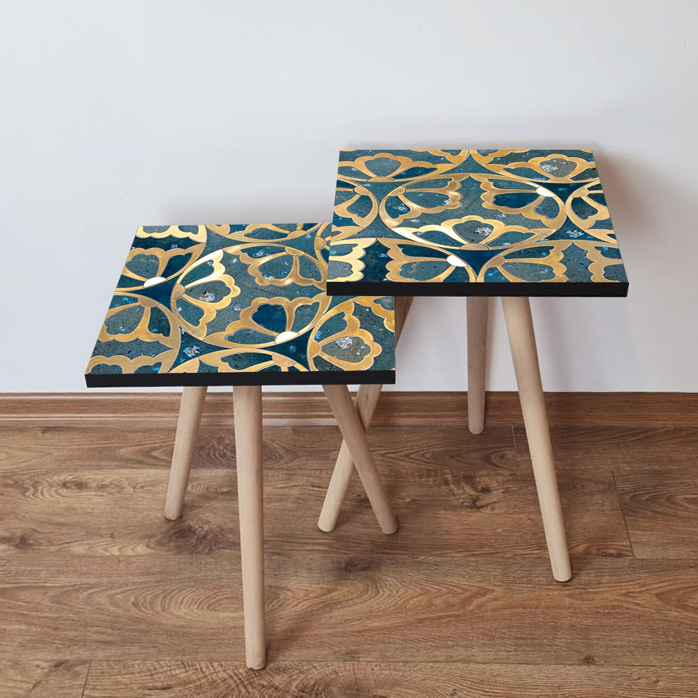 Set masute de cafea, Hanah Home, mdf, albastru marin, alb, 35x35x47 cm