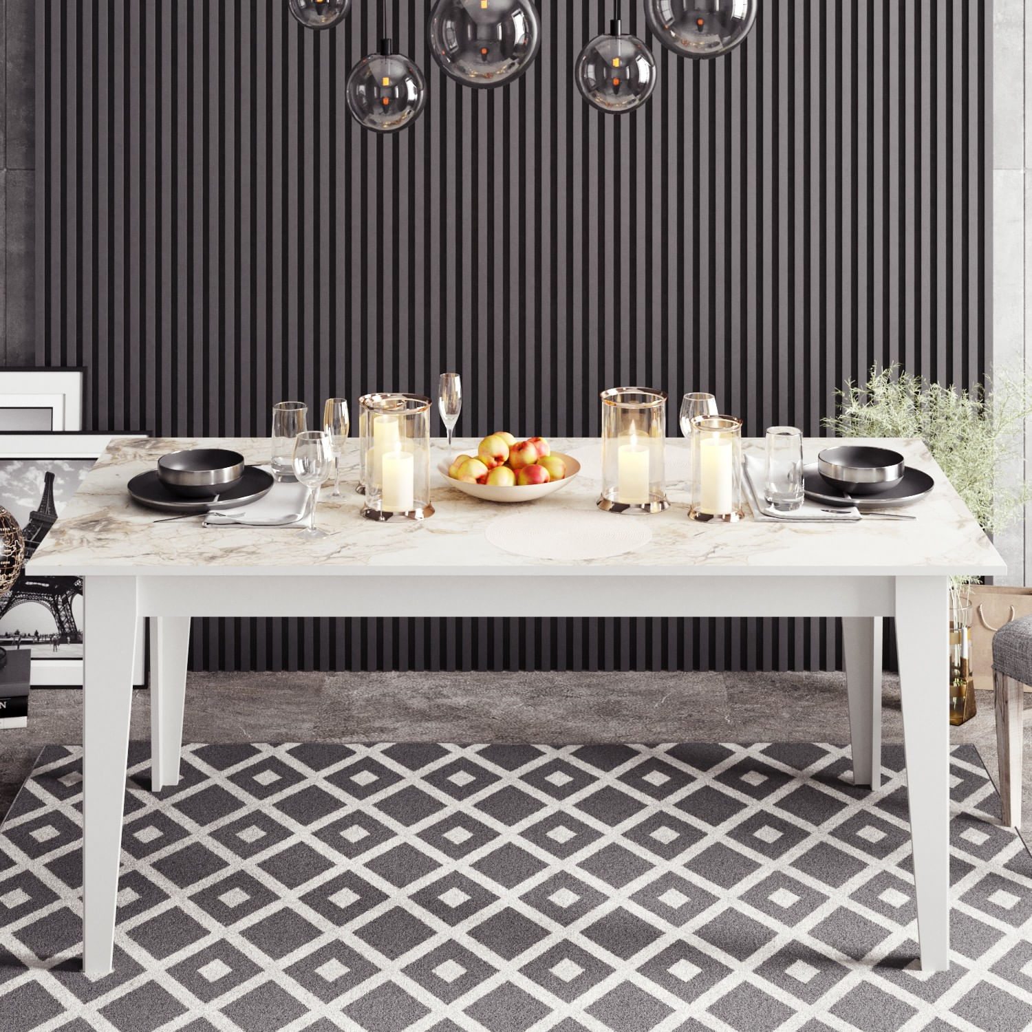Masa dining, Hanah Home, panou de particule melaminat, alb, model marmura, 180x90x76.8 cm — imaginea 3