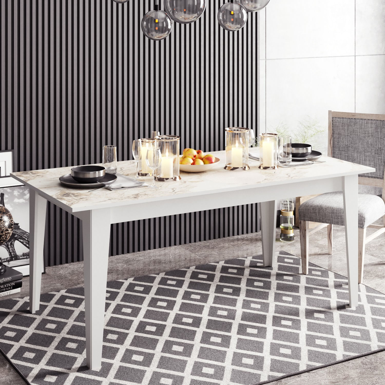 Masa dining, Hanah Home, panou de particule melaminat, alb, model marmura, 180x90x76.8 cm — imaginea 4
