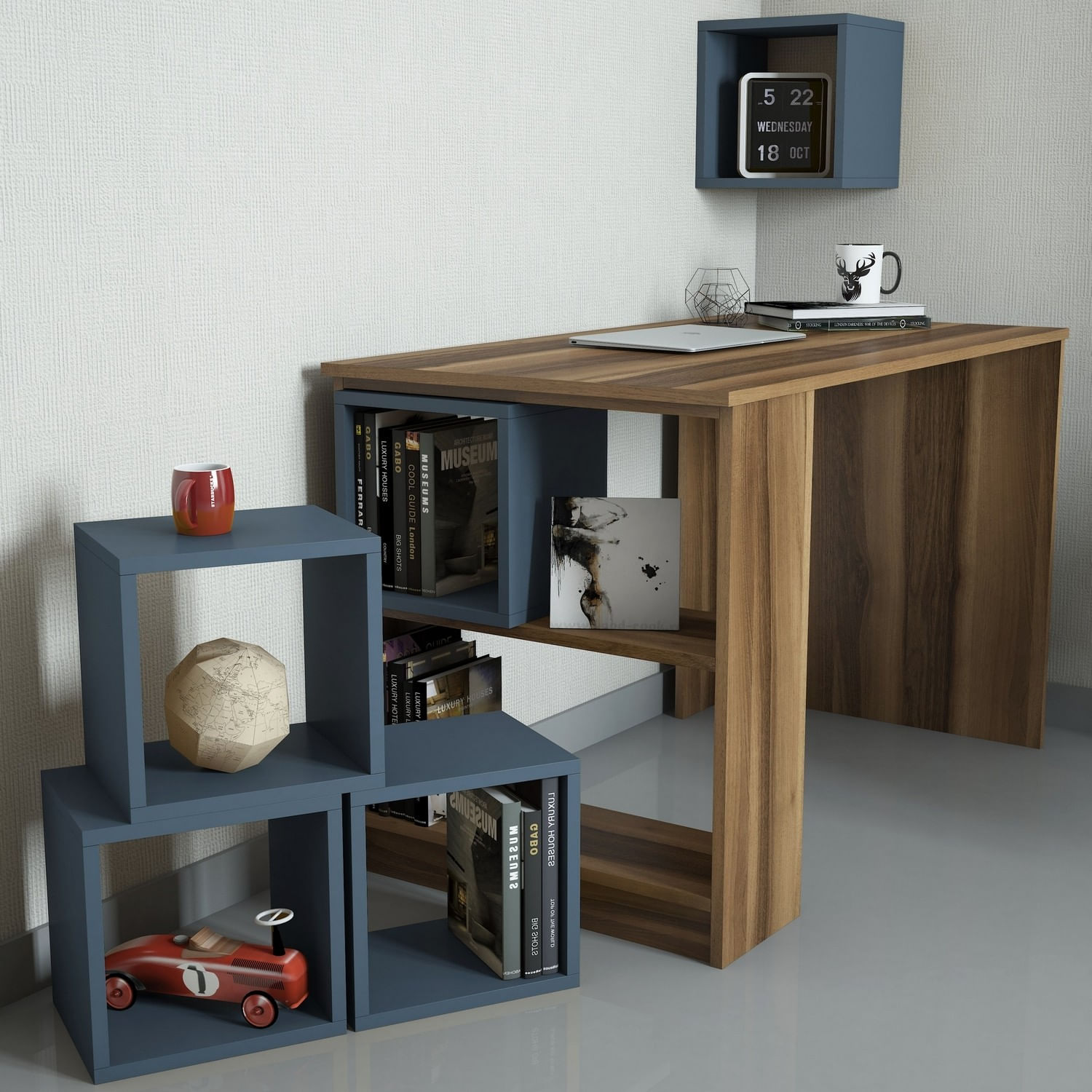 Birou de studiu, Hanah Home, pal melaminat, nuc si calcedonie, 120x65x75 cm — imaginea 5