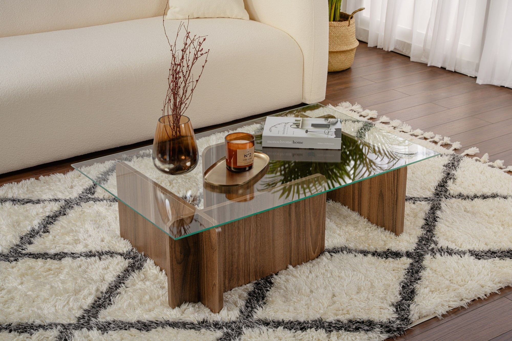 Masuta de cafea, Hanah Home, sticla calita si pal melaminat, nuc, 105x65x30 cm — imaginea 3