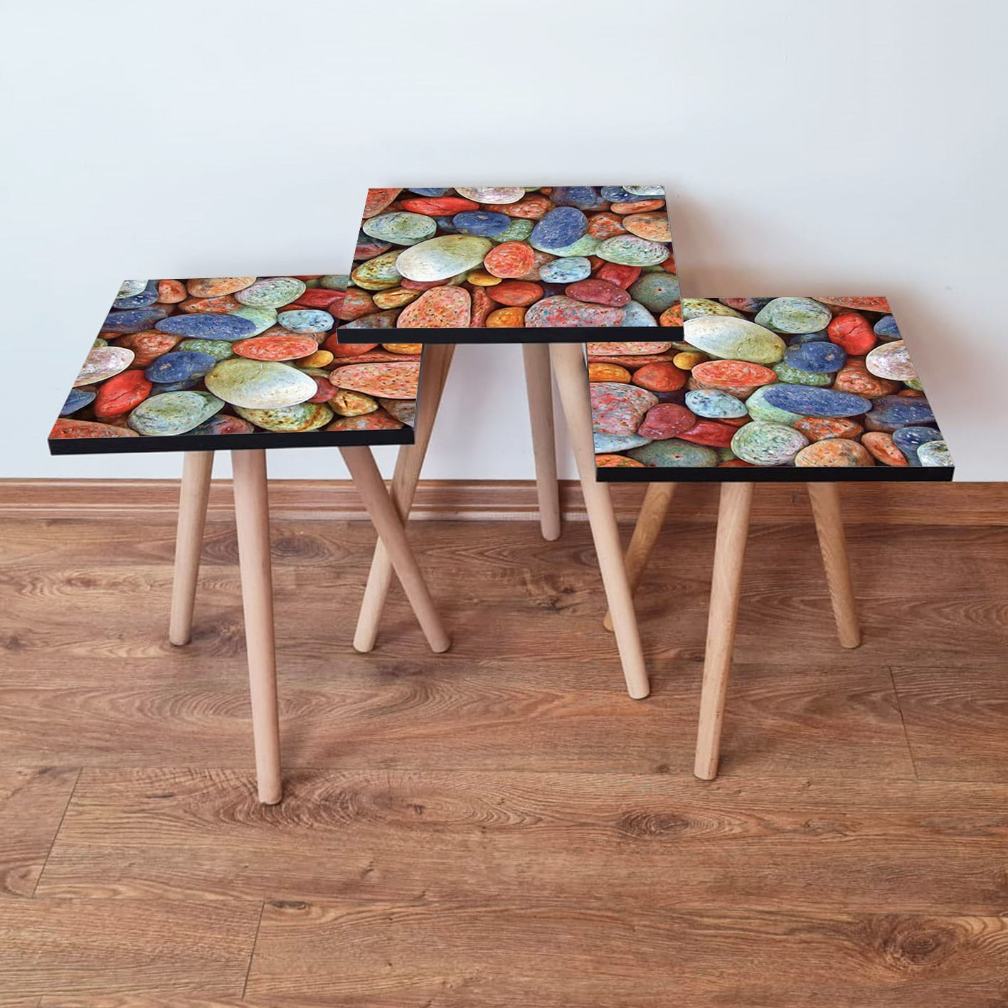 Set masute de cafea, Hanah Home, mdf, multicolor, 3 piese, picioare lemn fag