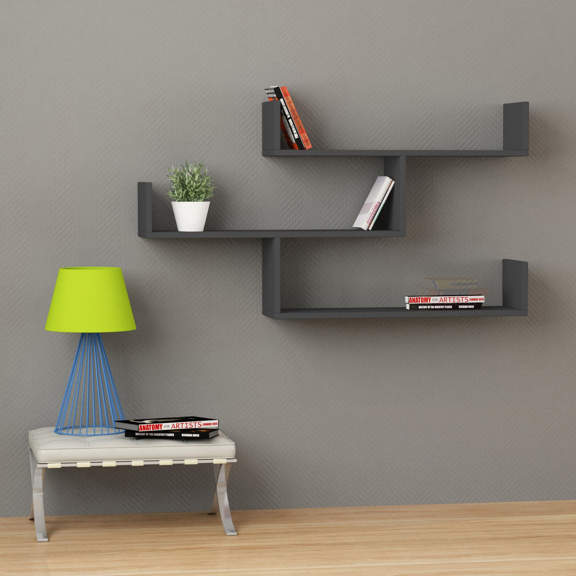 Etajera de perete, Hanah Home, PAL melaminat, antracit, 120x67x22 cm