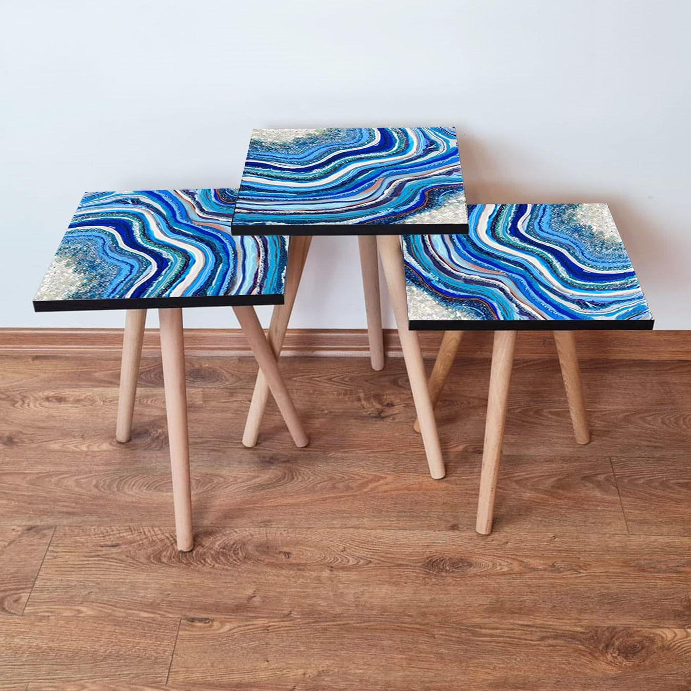 Set masute de cafea, Hanah Home, mdf, albastru marin, alb, mov, picioare lemn fag, 35x35x52 cm