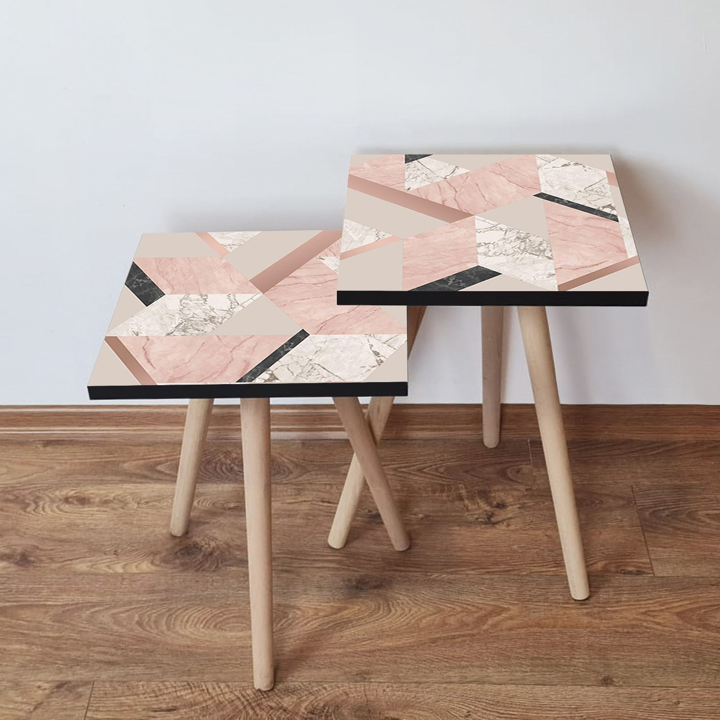 Set masute de cafea, Hanah Home, mdf, somon roz bej negru, 35x35x47 cm, 35x35x42 cm