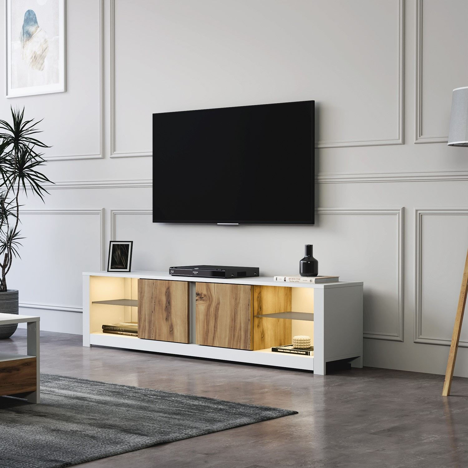 Comoda tv, Hanah Home, pal melaminat, alb si stejar, 180x45x35 cm — imaginea 4