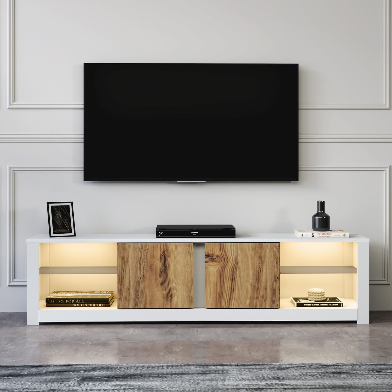 Comoda tv, Hanah Home, pal melaminat, alb si stejar, 180x45x35 cm — imaginea 8
