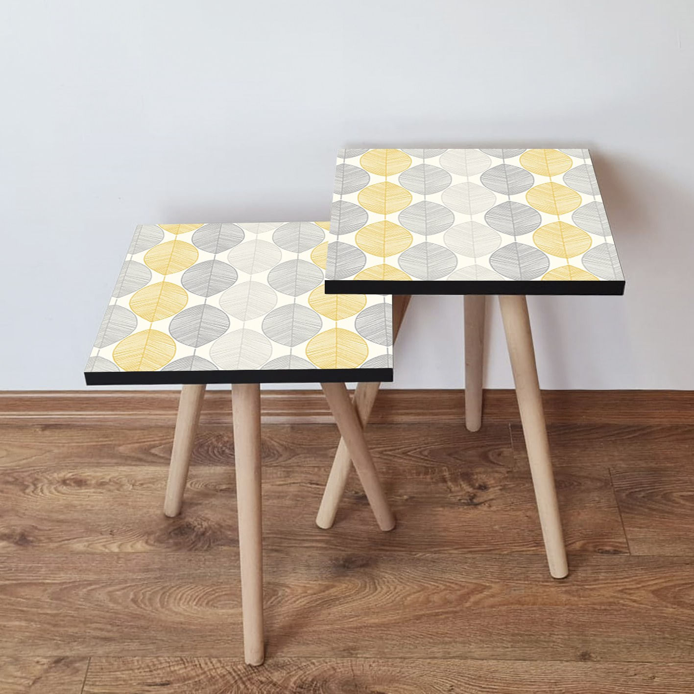 Set masute de cafea, Hanah Home, mdf, alb gri galben, 35x35x47 cm, picioare lemn fag