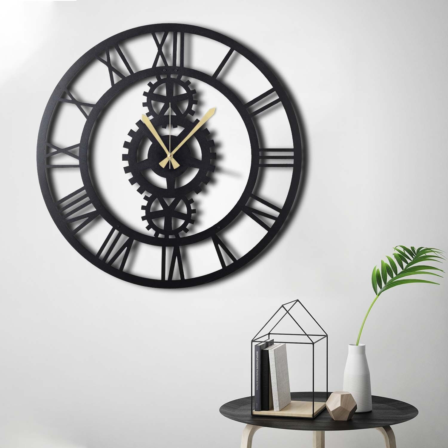 Ceas de perete decorativ, Wallxpert, metal, negru, 70x70 cm, 805BSG1107