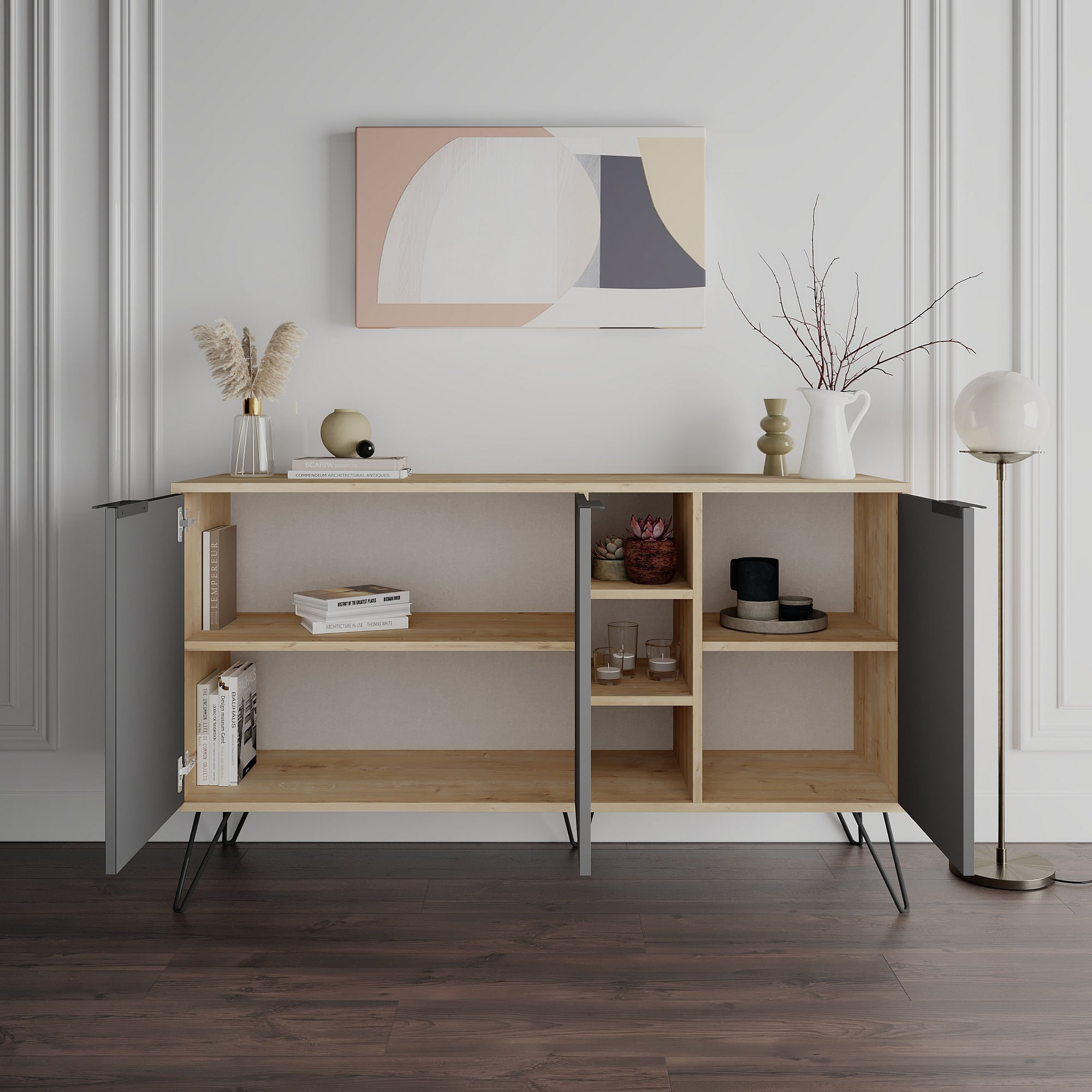 Consola, Hanah Home, pal melaminat, stejar si antracit, 142x35,6x83 cm — imaginea 4