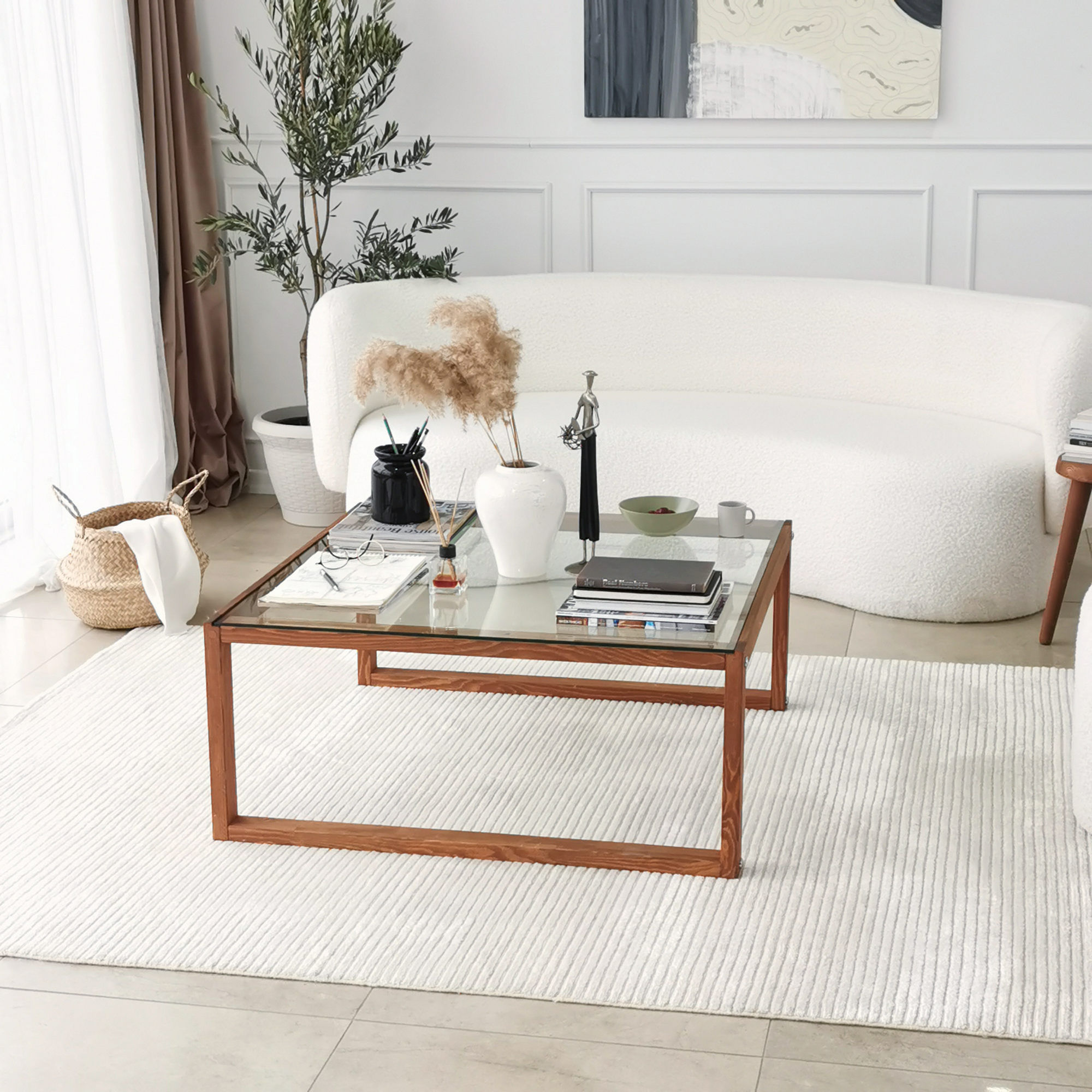 Masuta de cafea, Hanah Home, sticla calita, cadru lemn masiv, culoare lemn, 90x90x40 cm — imaginea 2