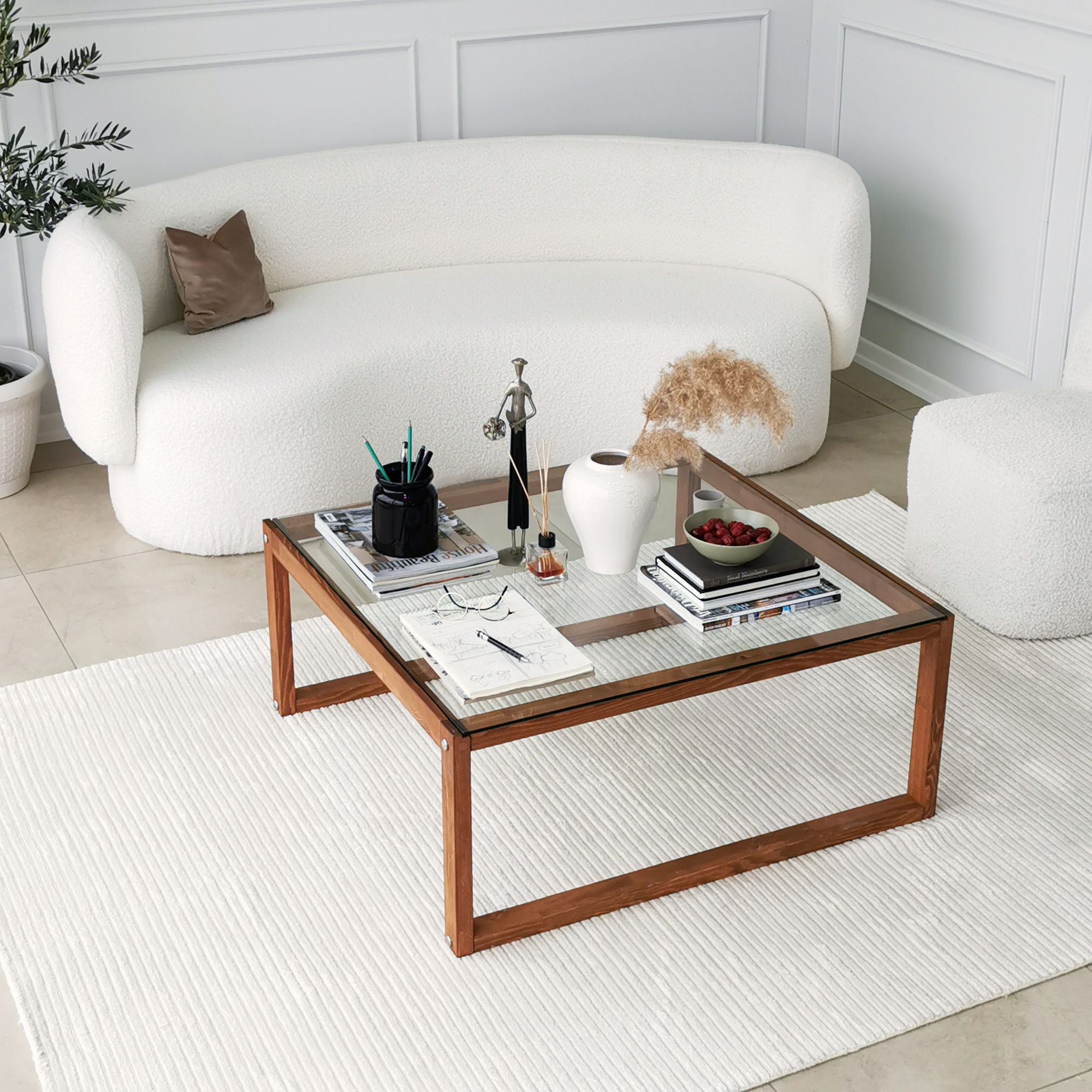 Masuta de cafea, Hanah Home, sticla calita, cadru lemn masiv, culoare lemn, 90x90x40 cm — imaginea 4