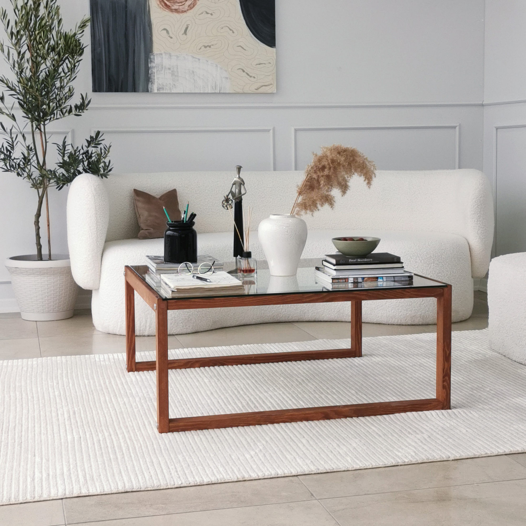 Masuta de cafea, Hanah Home, sticla calita, cadru lemn masiv, culoare lemn, 90x90x40 cm — imaginea 5