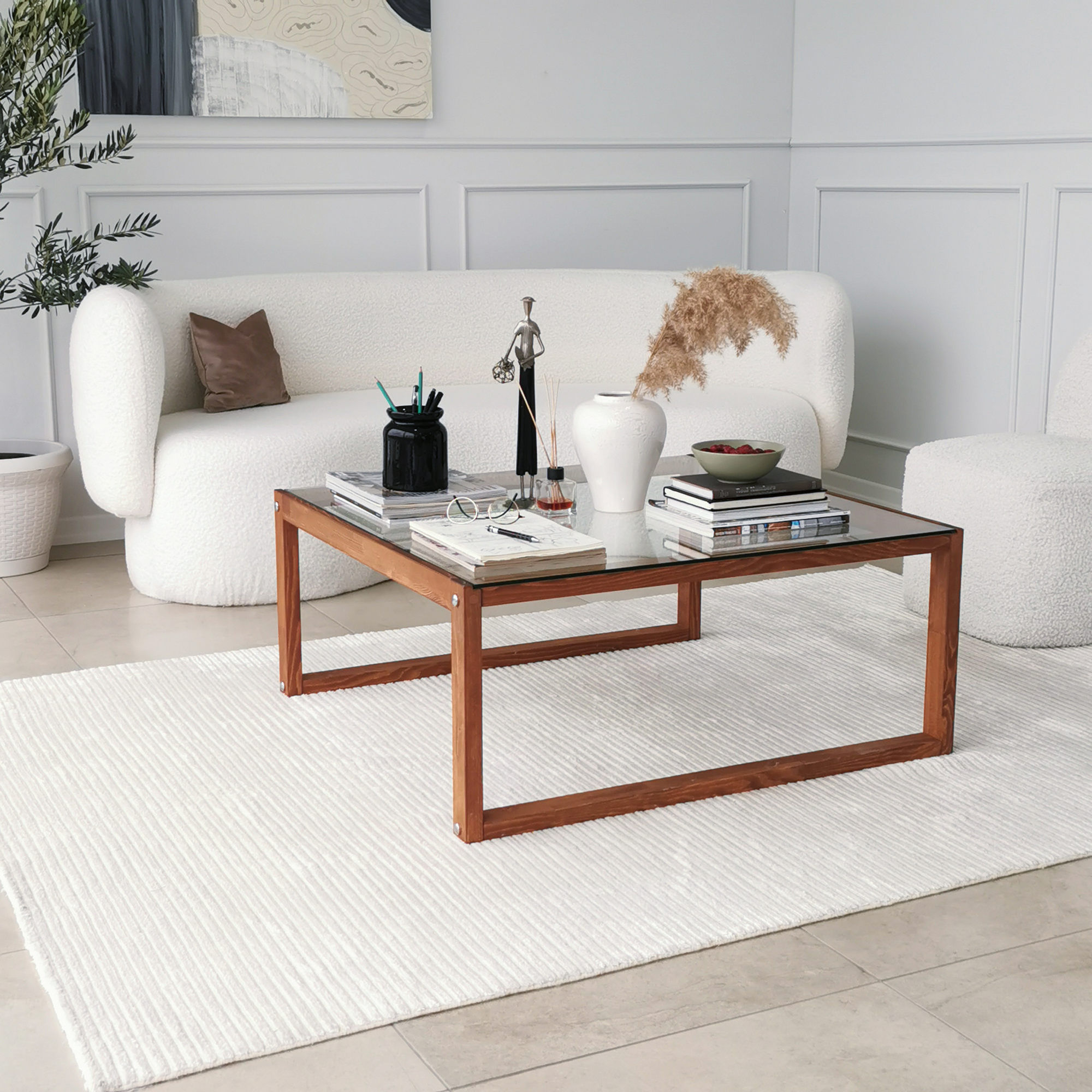 Masuta de cafea, Hanah Home, sticla calita, cadru lemn masiv, culoare lemn, 90x90x40 cm — imaginea 6