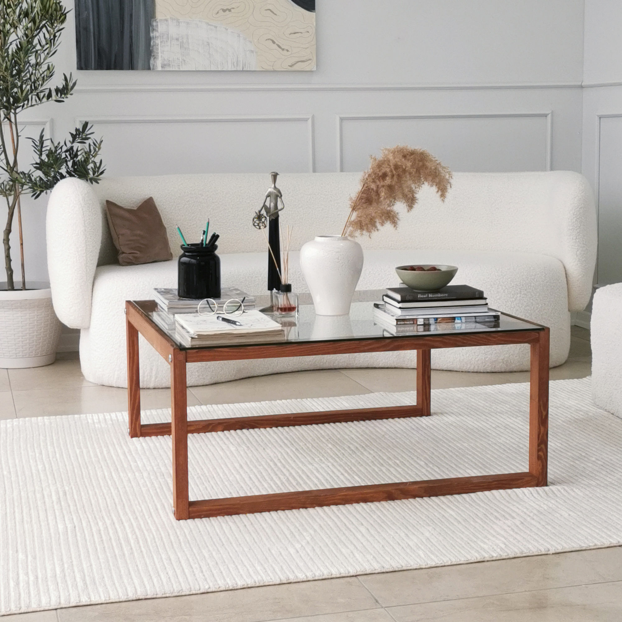 Masuta de cafea, Hanah Home, sticla calita, cadru lemn masiv, culoare lemn, 90x90x40 cm — imaginea 7