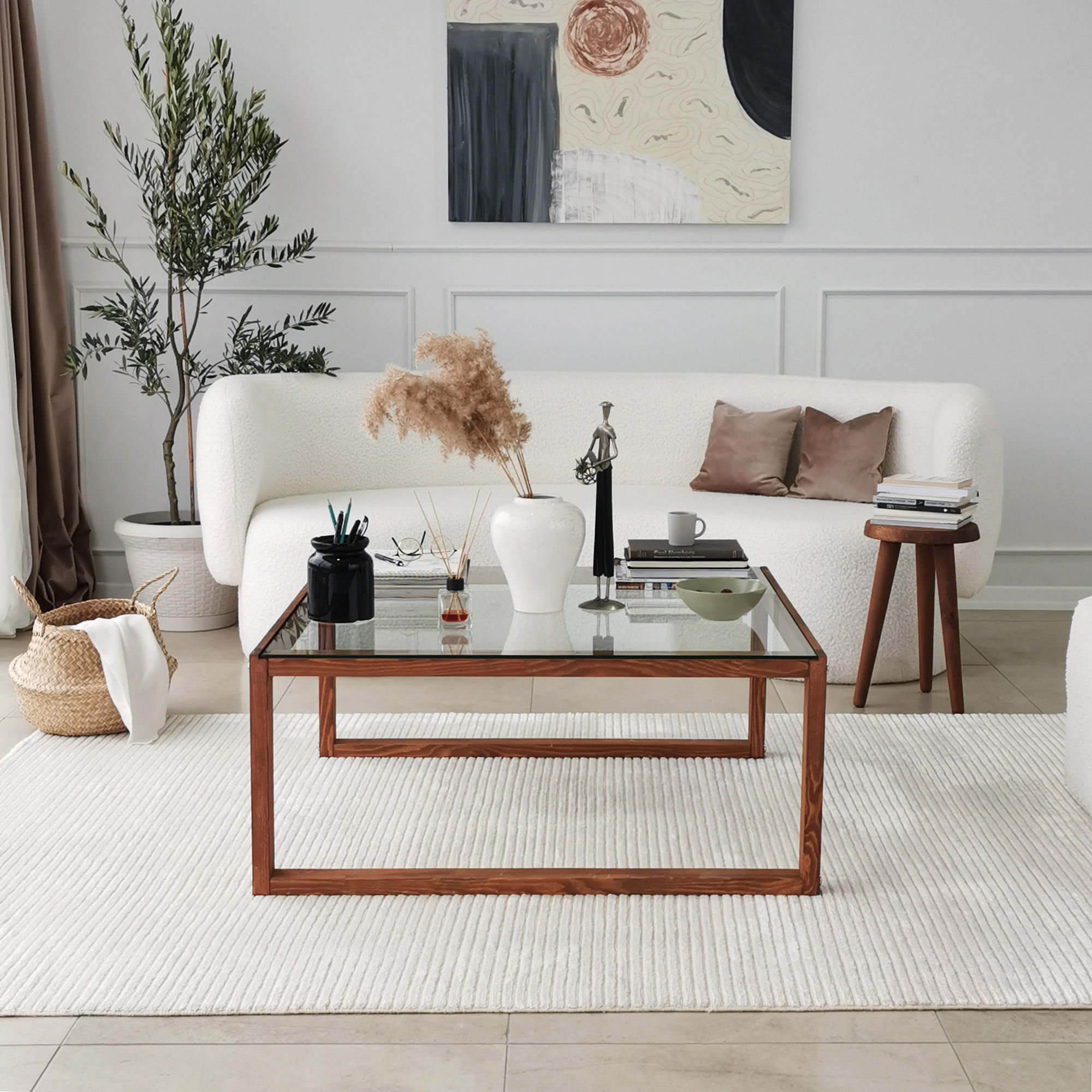 Masuta de cafea, Hanah Home, sticla calita, cadru lemn masiv, culoare lemn, 90x90x40 cm — imaginea 8