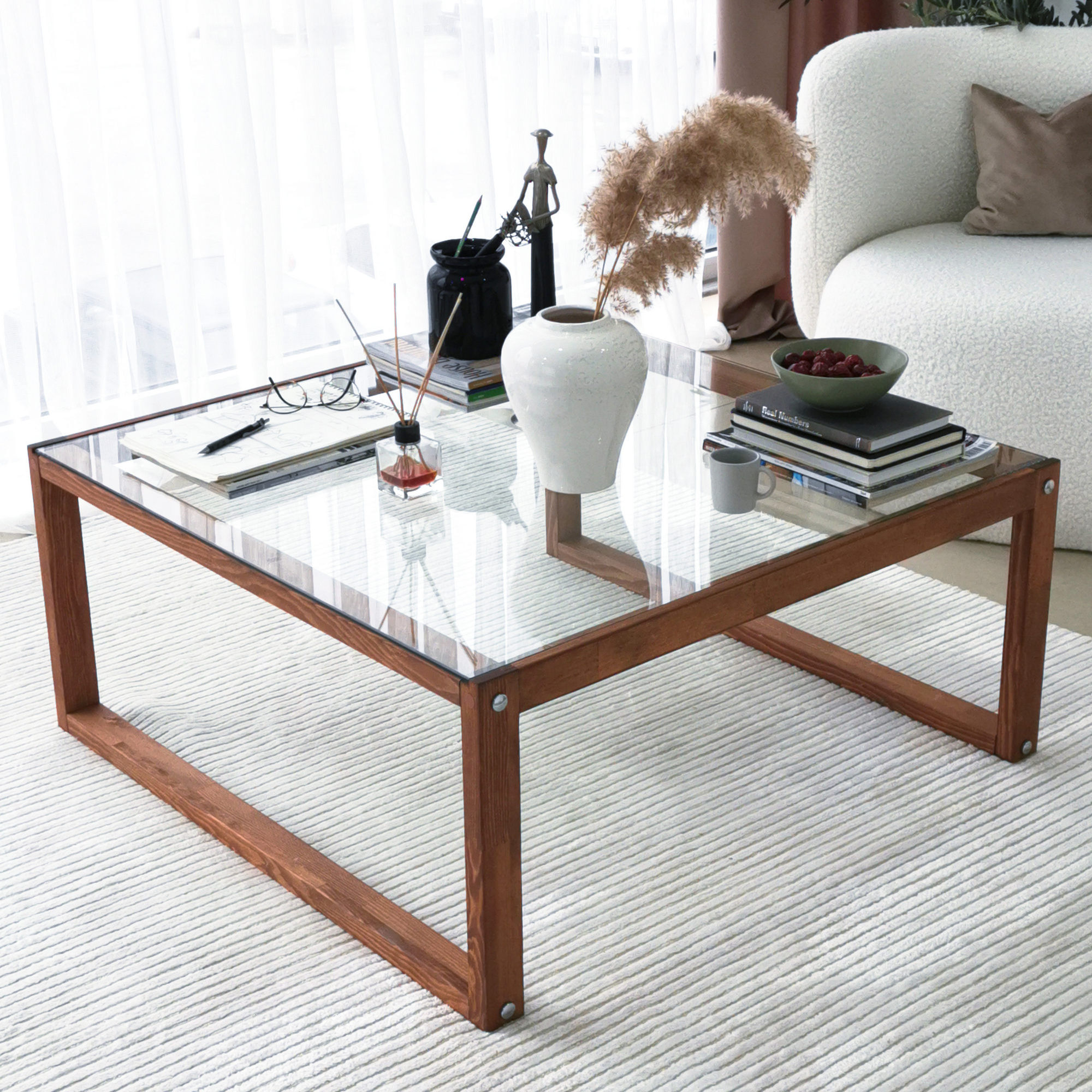 Masuta de cafea, Hanah Home, sticla calita, cadru lemn masiv, culoare lemn, 90x90x40 cm — imaginea 9