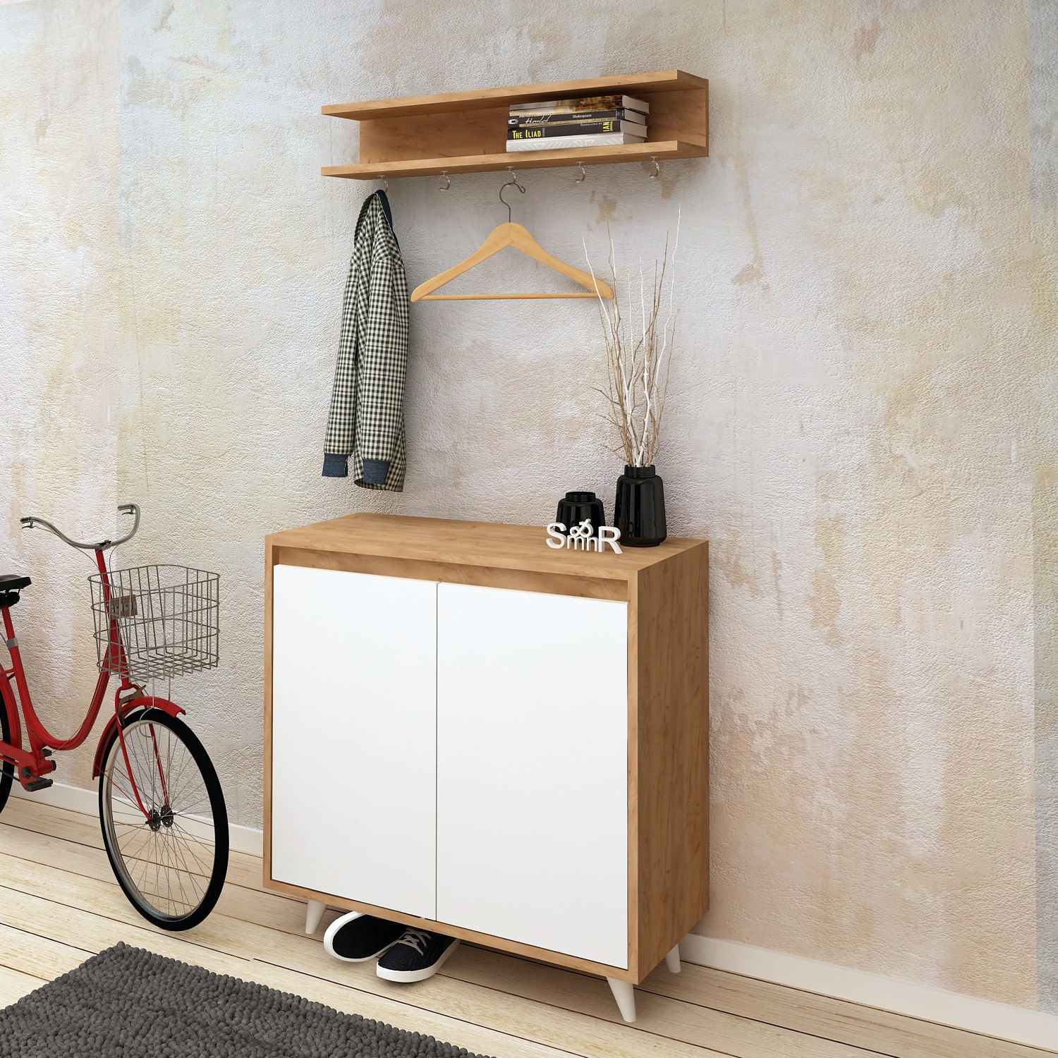 Cuier hol, Hanah Home, pal melaminat, stejar si alb, 80x35x100 cm — imaginea 2