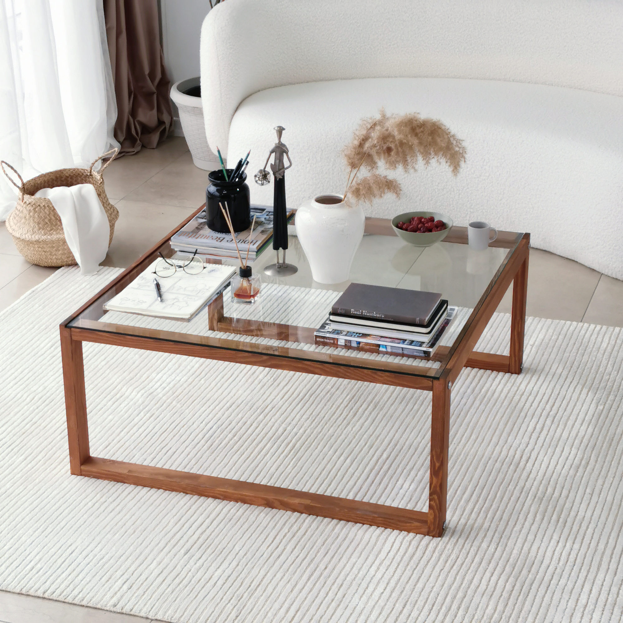 Masuta de cafea, Hanah Home, sticla calita, cadru lemn masiv, culoare lemn, 90x90x40 cm — imaginea 10