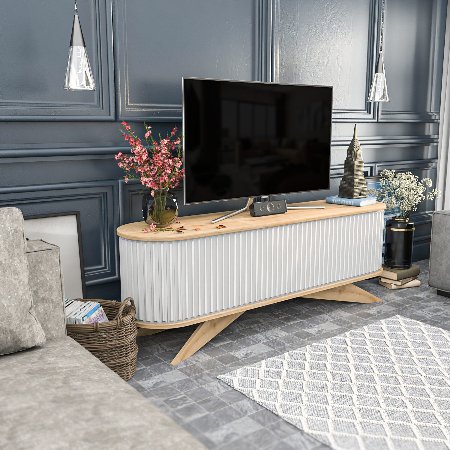 Comoda tv, Hanah Home, pal melaminat, safir si alb, 180x43x60 cm — imaginea 7