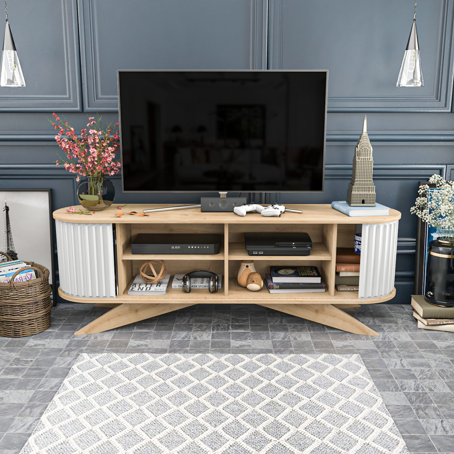 Comoda tv, Hanah Home, pal melaminat, safir si alb, 180x43x60 cm — imaginea 9