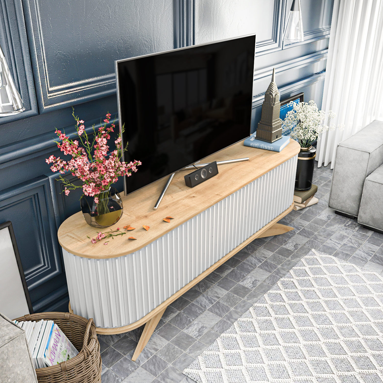 Comoda tv, Hanah Home, pal melaminat, safir si alb, 180x43x60 cm — imaginea 10