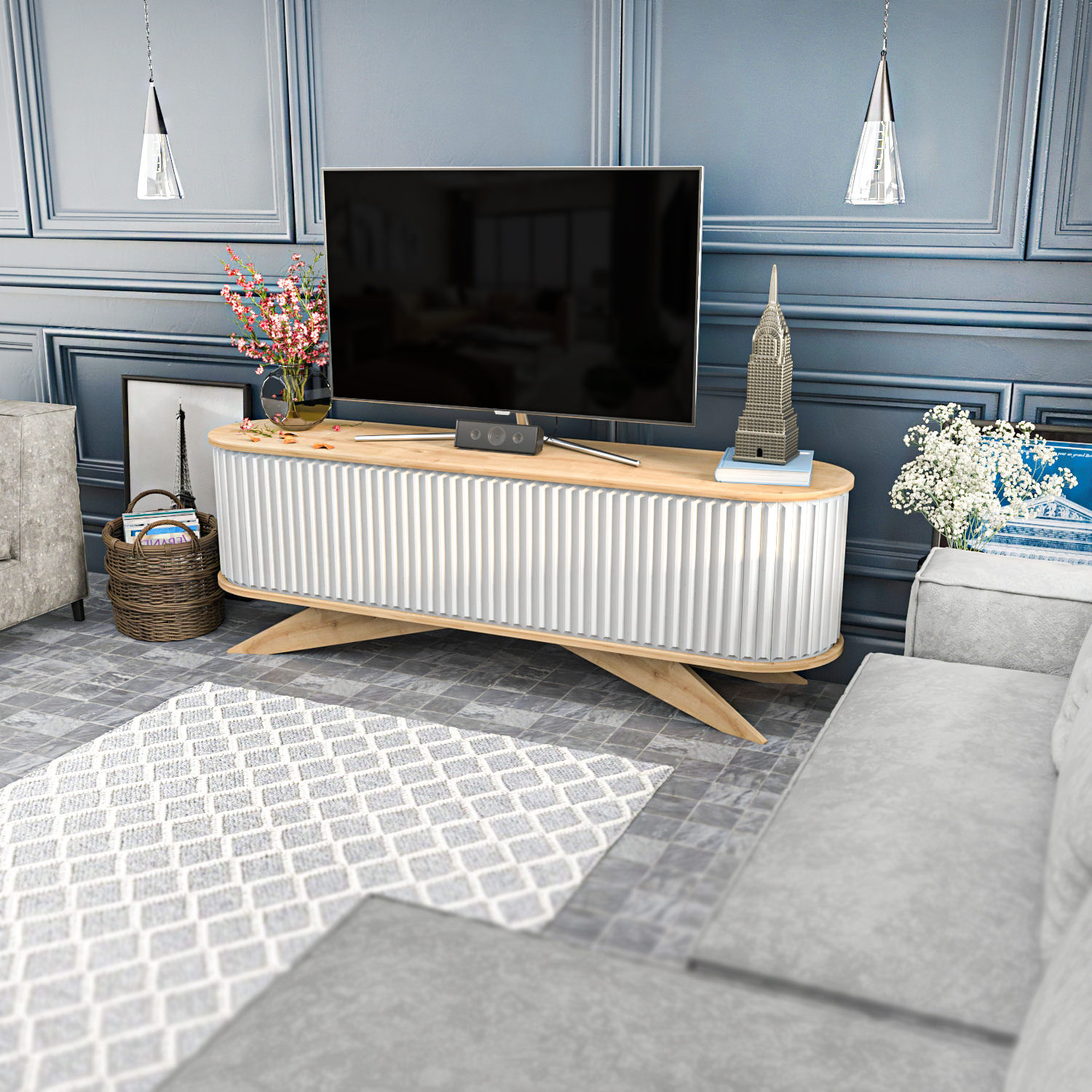 Comoda tv, Hanah Home, pal melaminat, safir si alb, 180x43x60 cm — imaginea 11