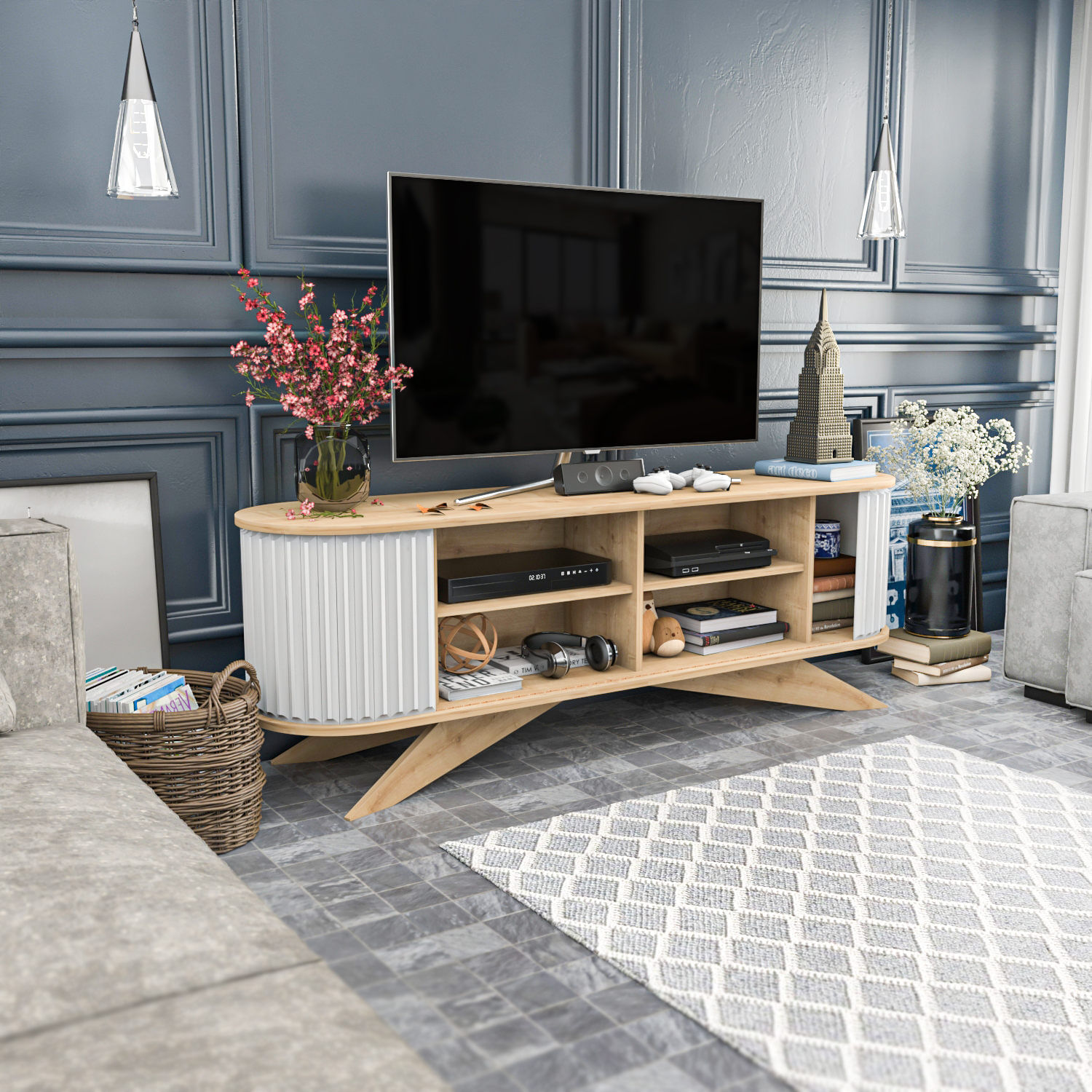 Comoda tv, Hanah Home, pal melaminat, safir si alb, 180x43x60 cm — imaginea 12