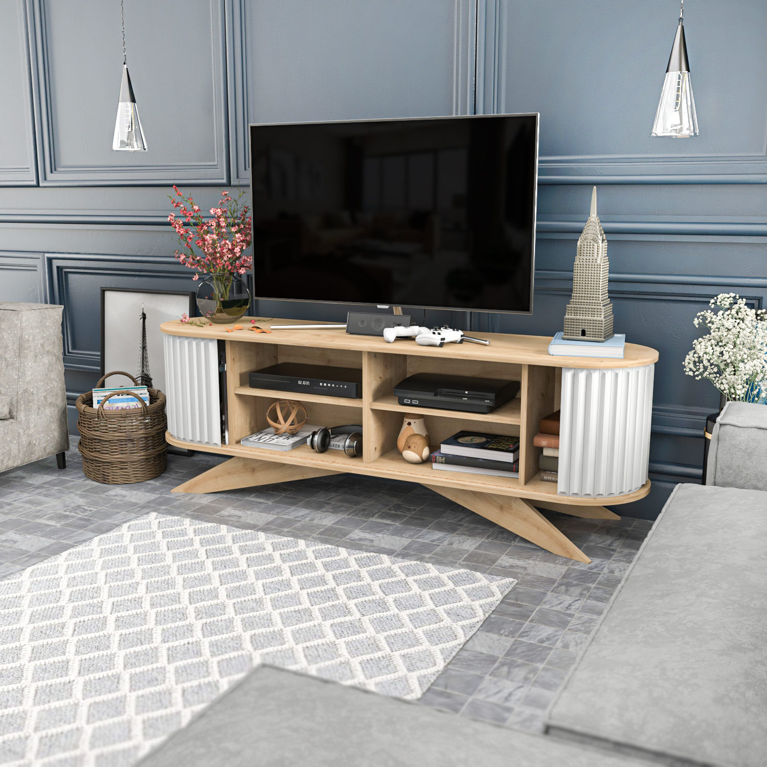 Comoda tv, Hanah Home, pal melaminat, safir si alb, 180x43x60 cm — imaginea 13