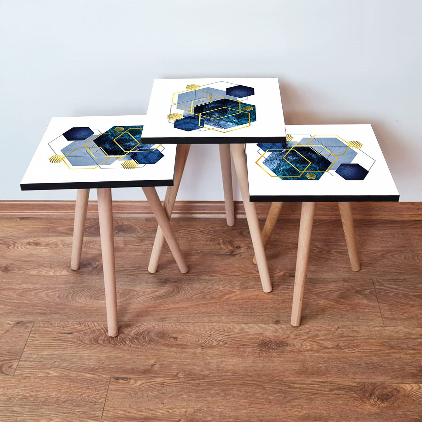 Set masute de cafea, Hanah Home, mdf, alb si albastru marin, 35x35x52 cm