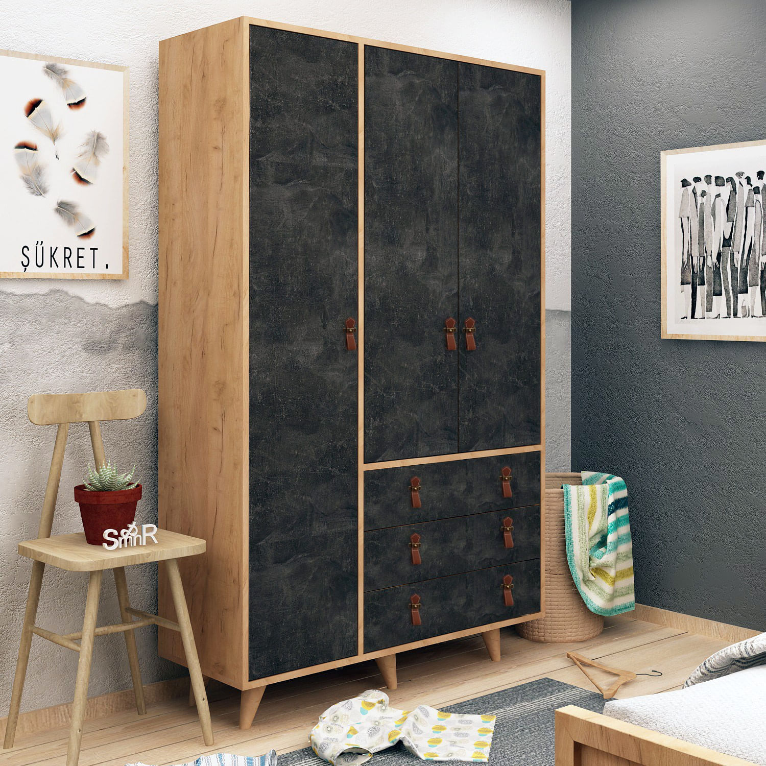 Sifonier, Hanah Home, pal melaminat, stejar si gri inchis, 120x52x187 cm — imaginea 4