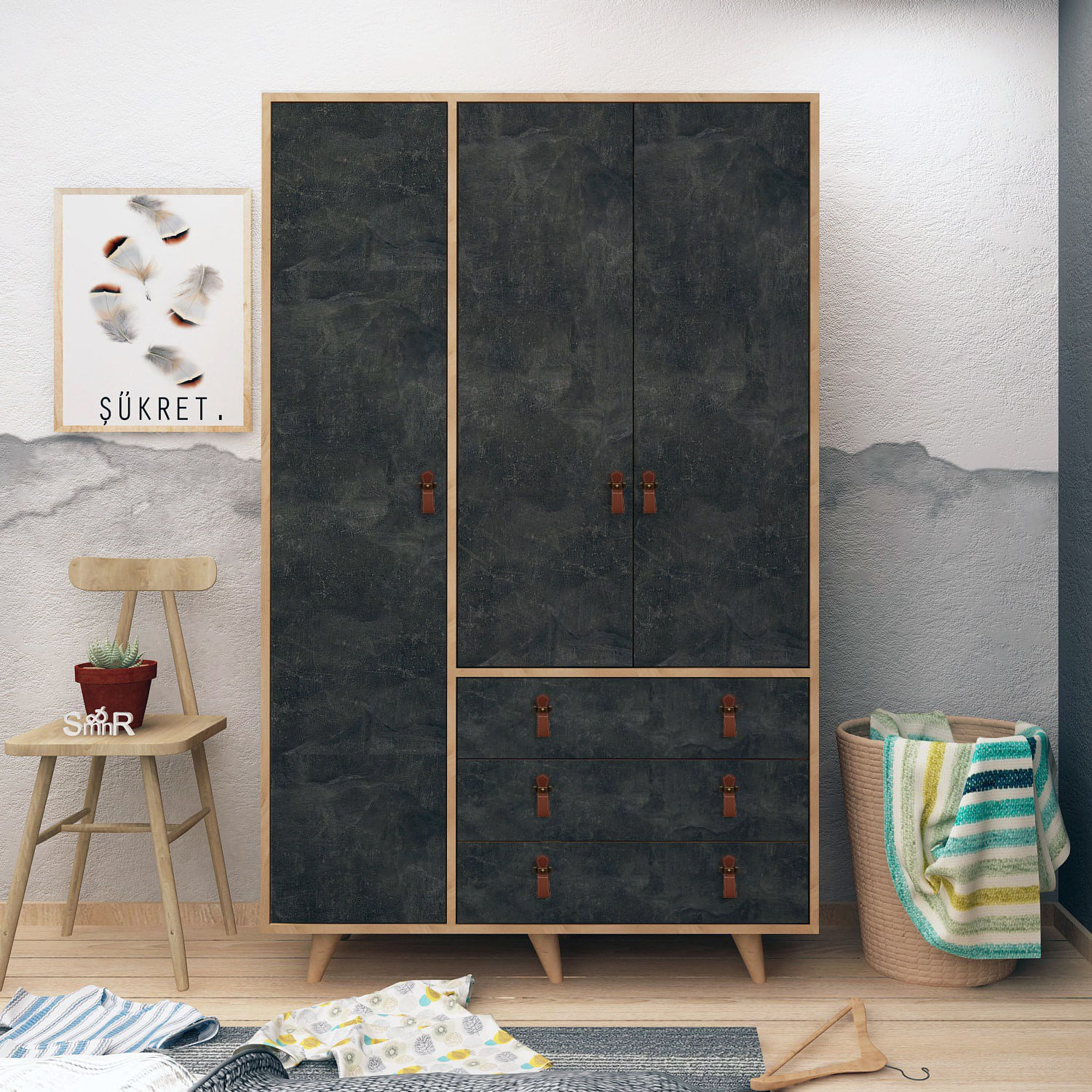 Sifonier, Hanah Home, pal melaminat, stejar si gri inchis, 120x52x187 cm — imaginea 5