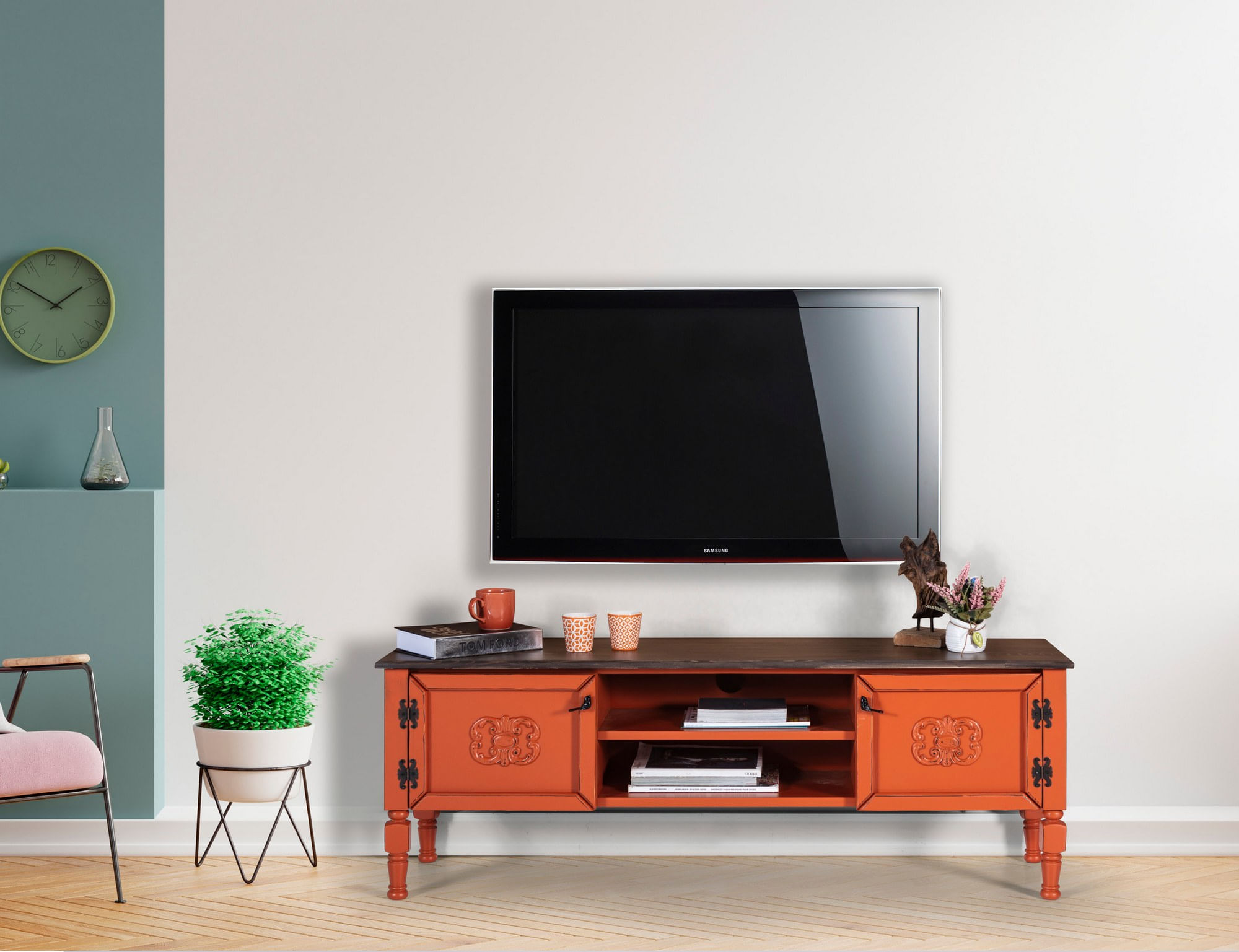 Comoda tv, Hanah Home, mdf, portocaliu, 150x40x50 cm — imaginea 3