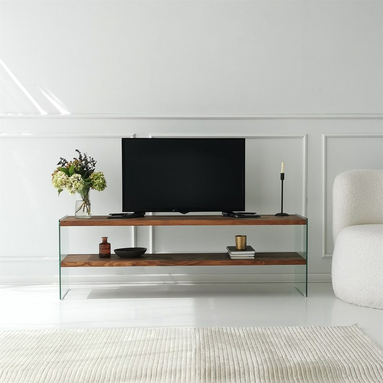 Comoda tv, Hanah Home, lemn masiv si sticla securizata, natur, 140x45x35 cm — imaginea 3