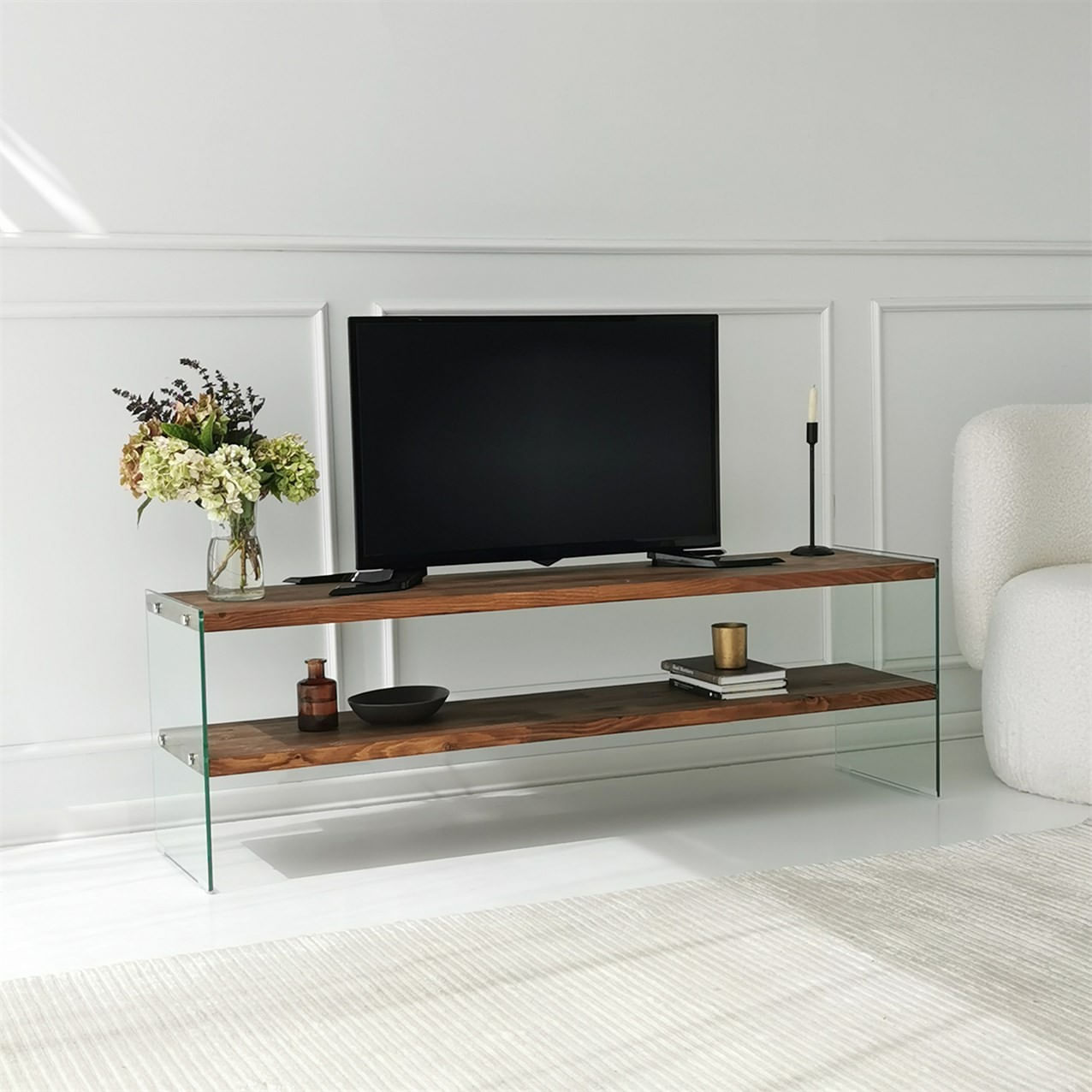 Comoda tv, Hanah Home, lemn masiv si sticla securizata, natur, 140x45x35 cm — imaginea 5