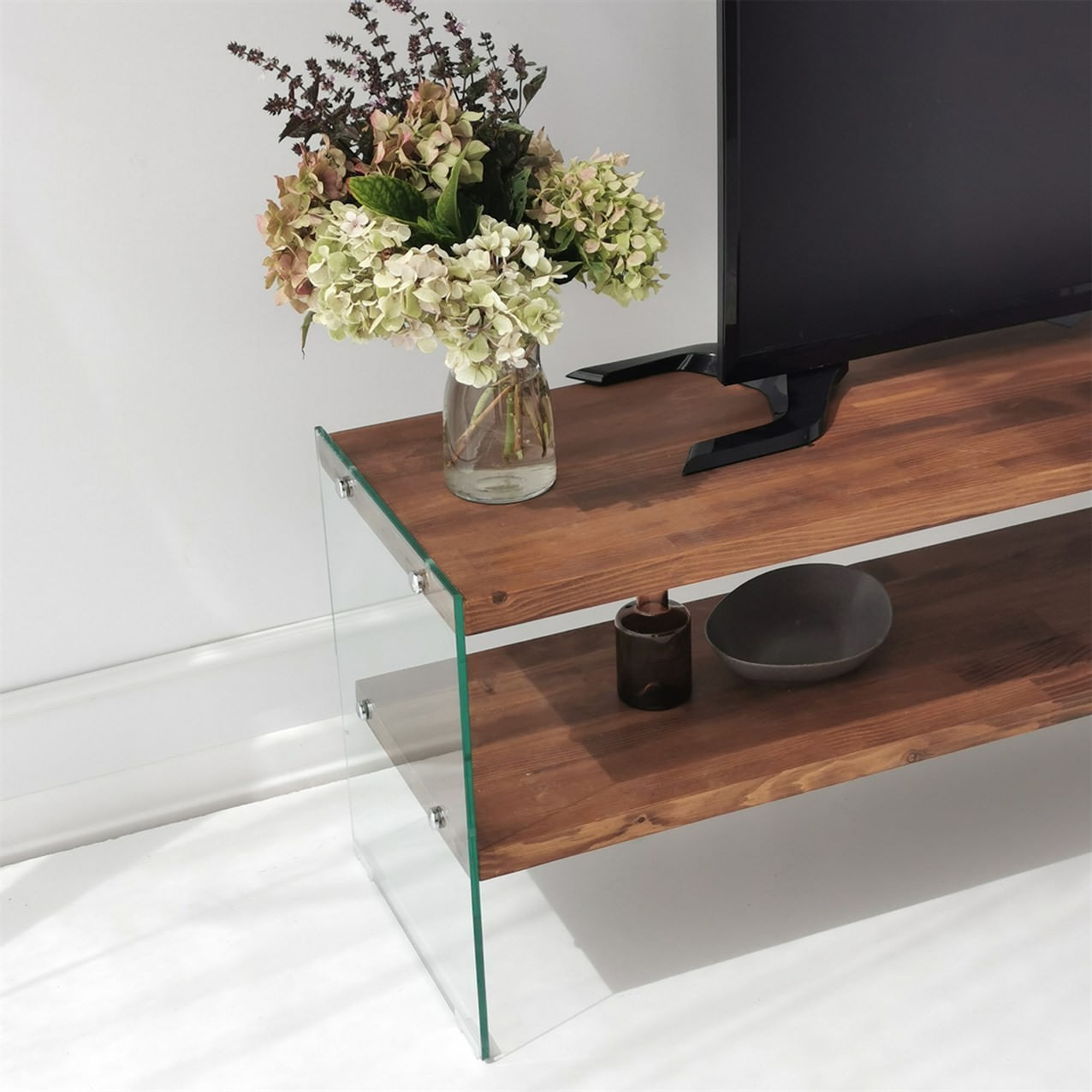 Comoda tv, Hanah Home, lemn masiv si sticla securizata, natur, 140x45x35 cm — imaginea 7