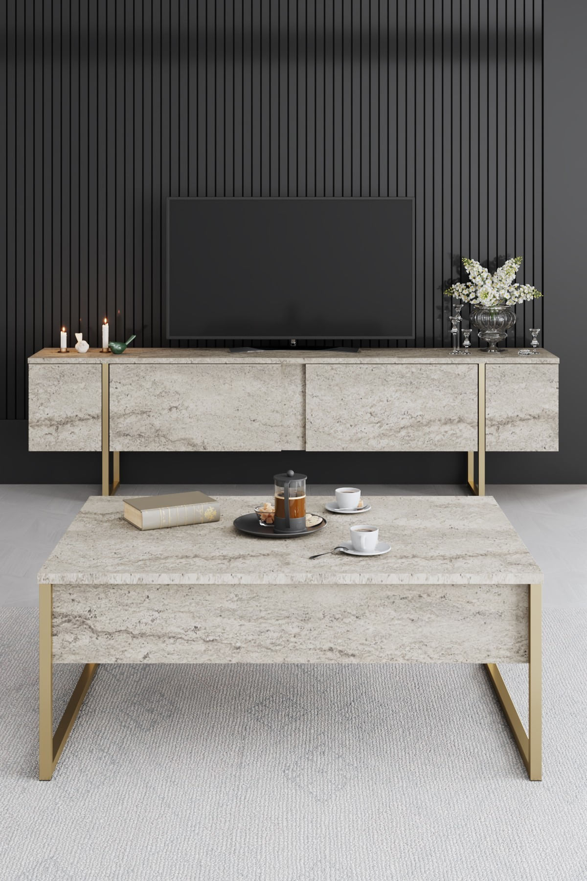 Masa de cafea, Hanah Home, placa de particule melaminata, travertin si auriu, 90x60x40 cm — imaginea 3