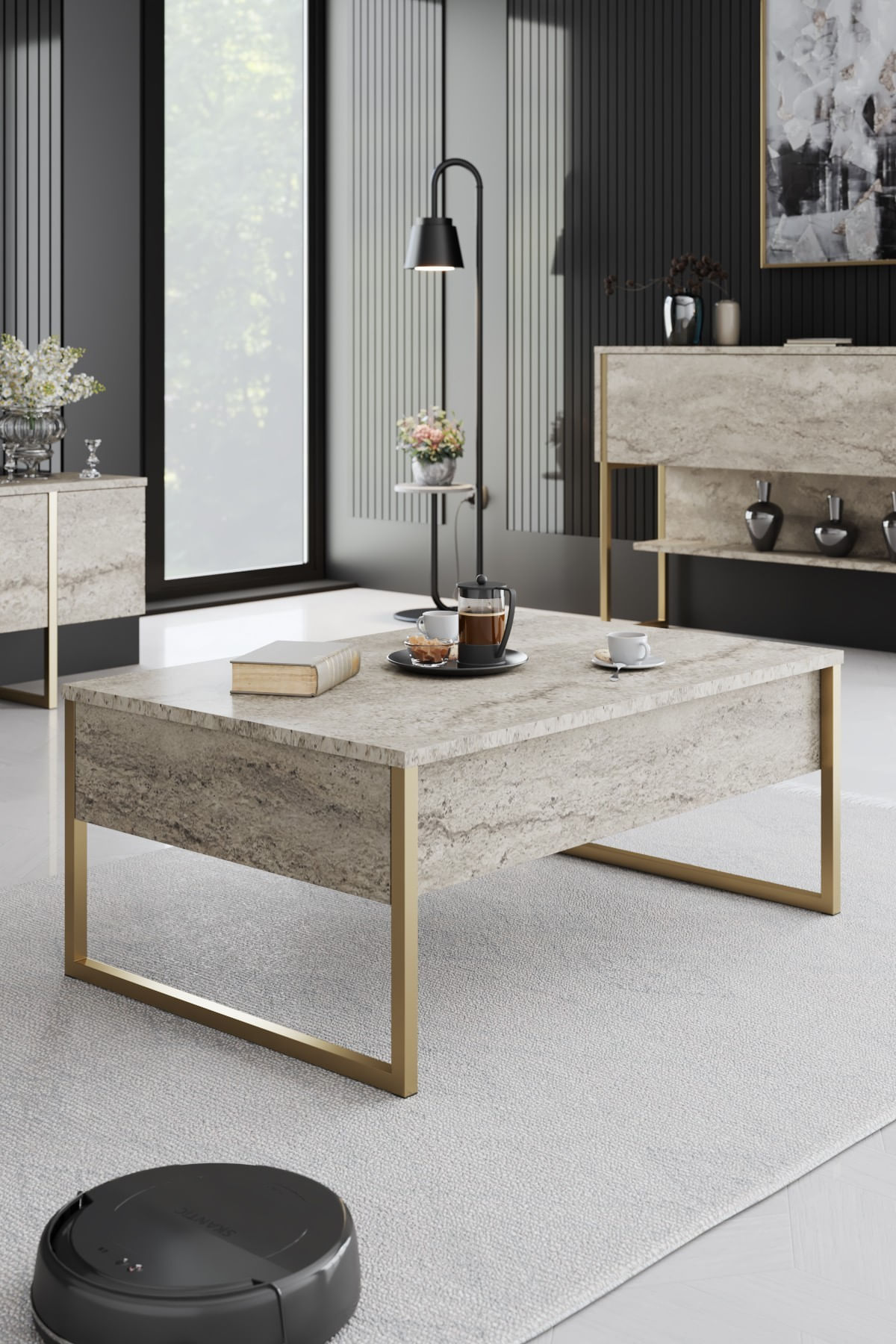 Masa de cafea, Hanah Home, placa de particule melaminata, travertin si auriu, 90x60x40 cm — imaginea 5