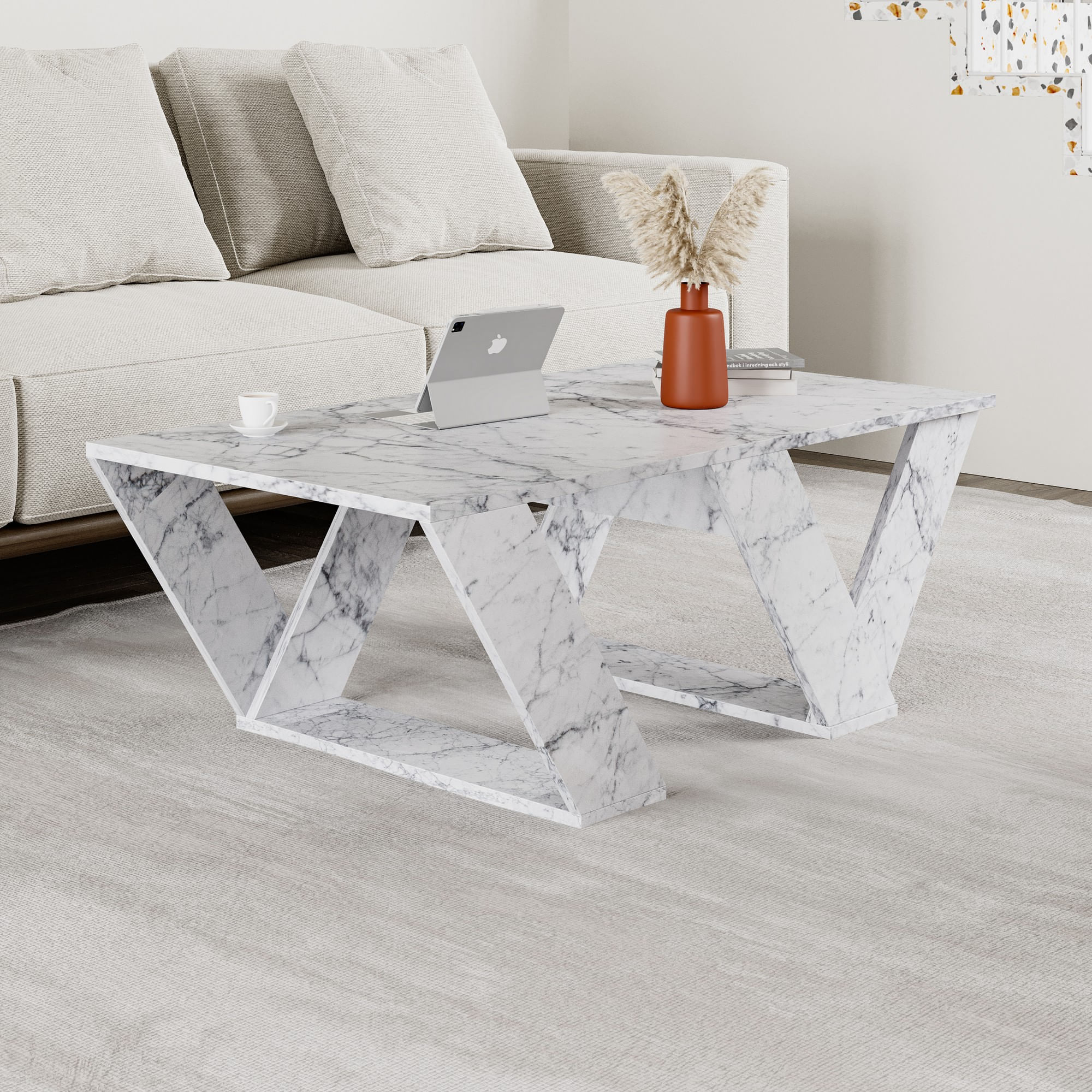 Masuta de cafea, Hanah Home, pal melaminat, marmura carrara, 110x60x40 cm — imaginea 3