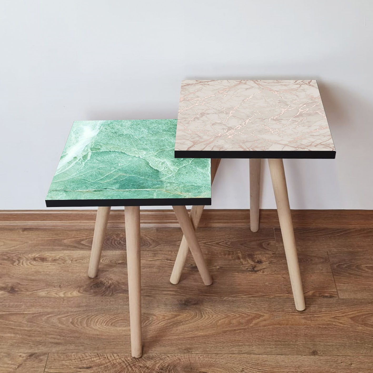 Set masute de cafea, Hanah Home, mdf, verde alb bej, 35x35x47 cm
