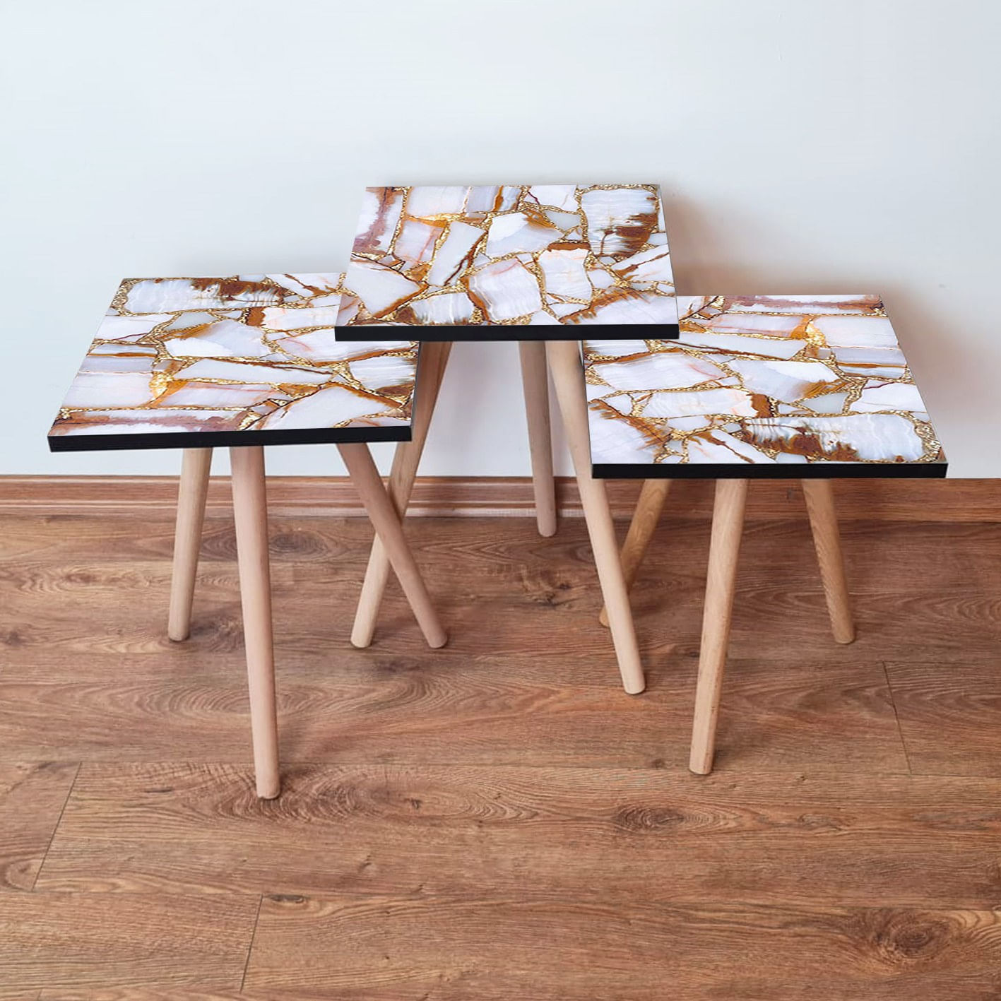 Set masute de cafea, Hanah Home, mdf, alb auriu maro, 35x35x52 cm