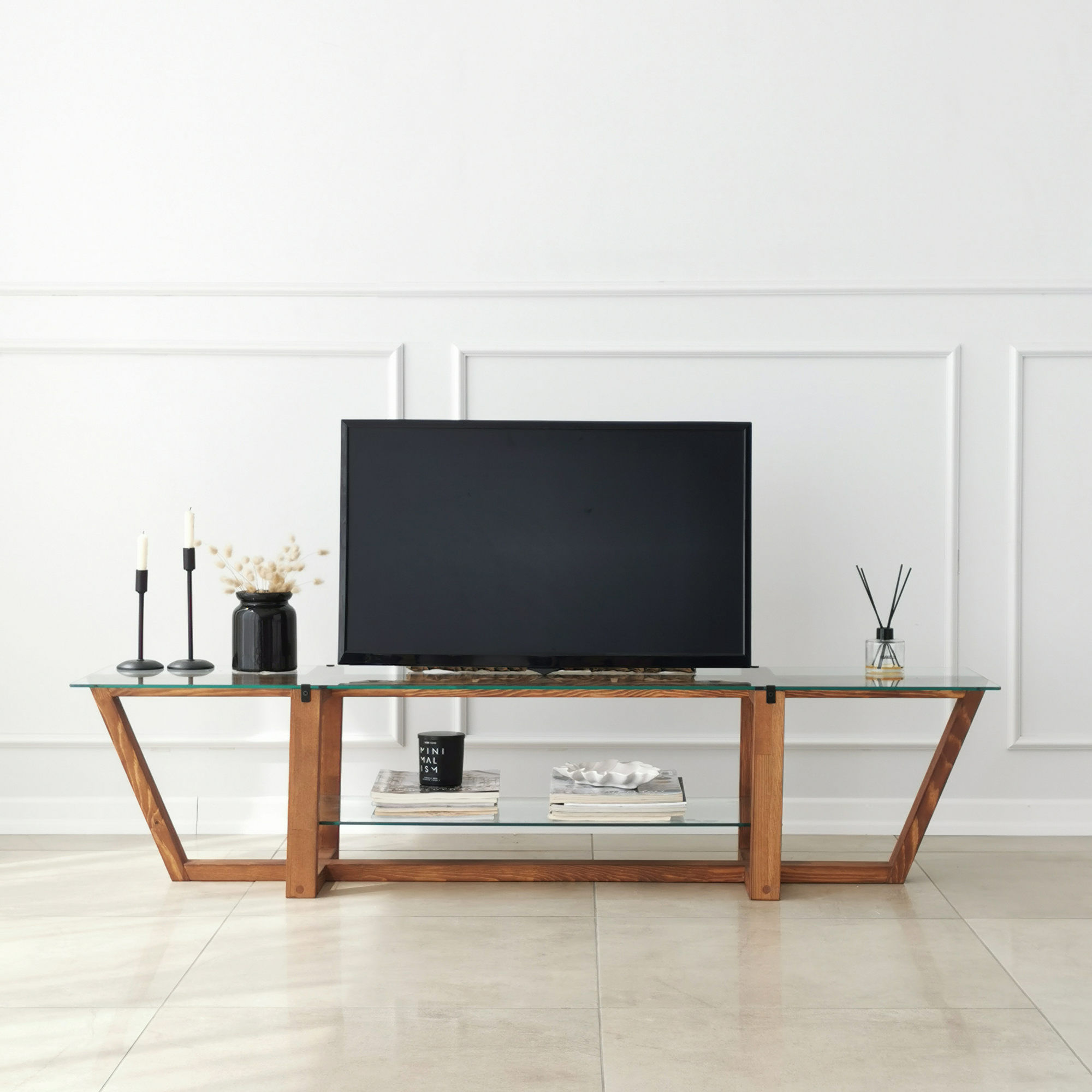 Suport tv, Hanah Home, sticla securizata, nuc, 158x35x35 cm