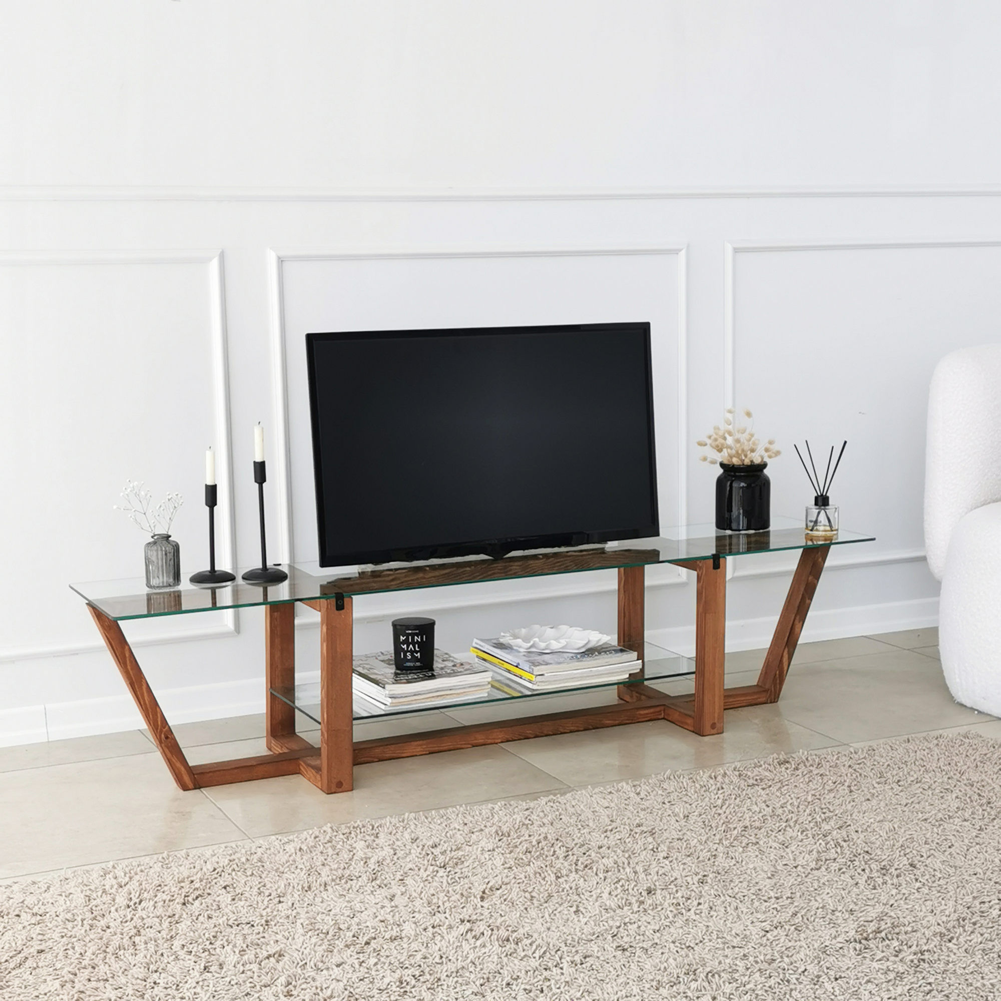 Suport tv, Hanah Home, sticla securizata, nuc, 158x35x35 cm — imaginea 3