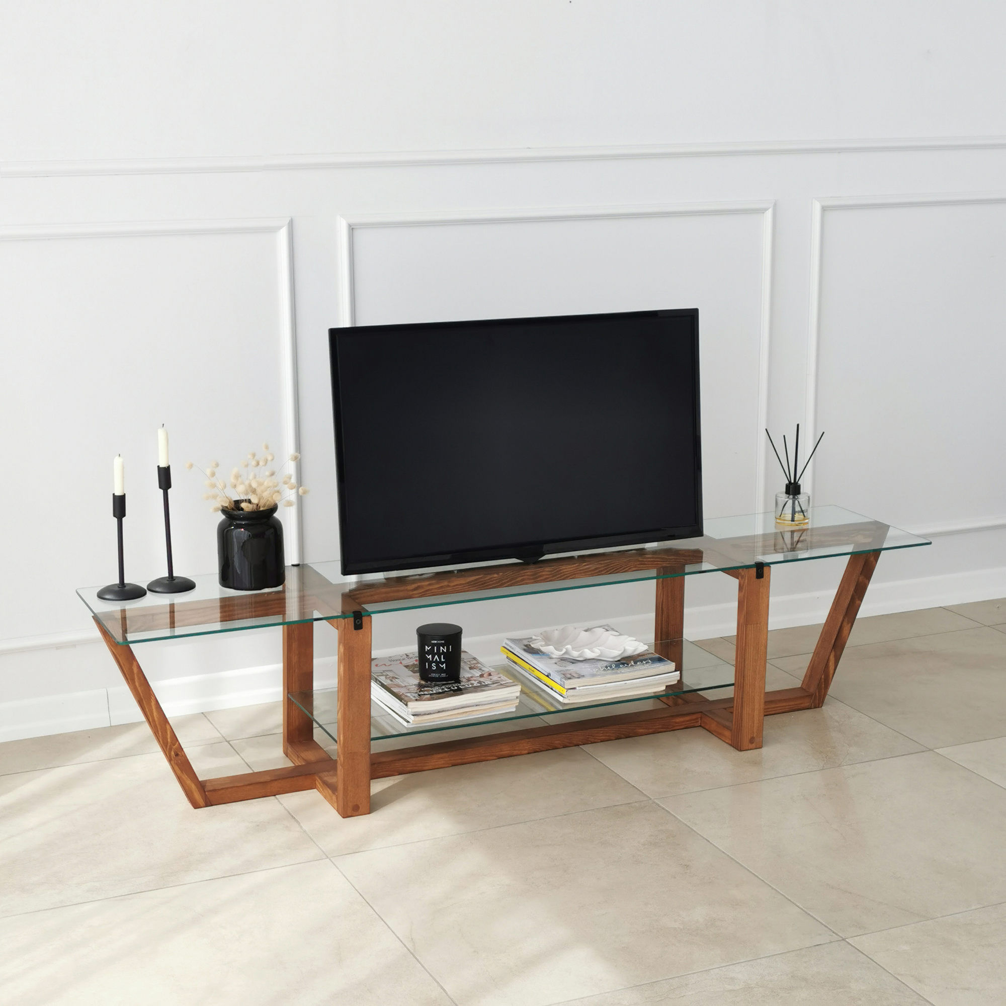 Suport tv, Hanah Home, sticla securizata, nuc, 158x35x35 cm — imaginea 4